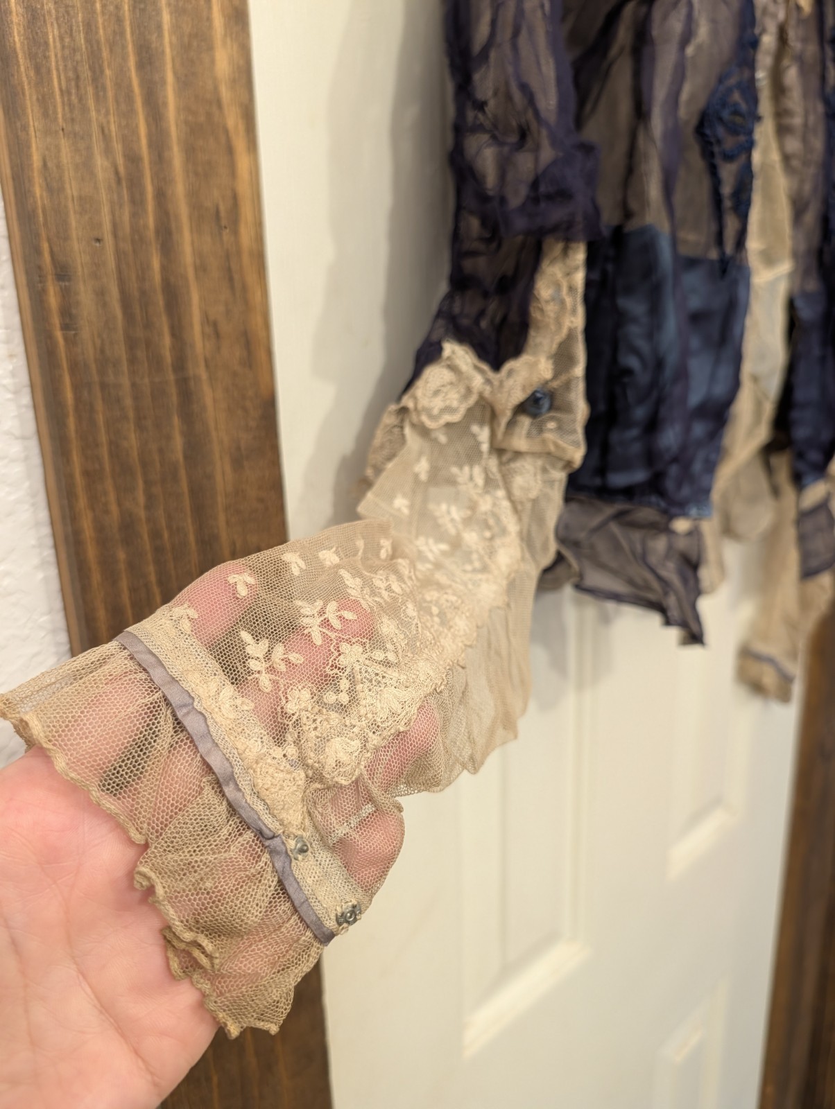 Antique Edwardian Cream Lace Blue Satin XS Women’s Blouse Handmade Bow Details