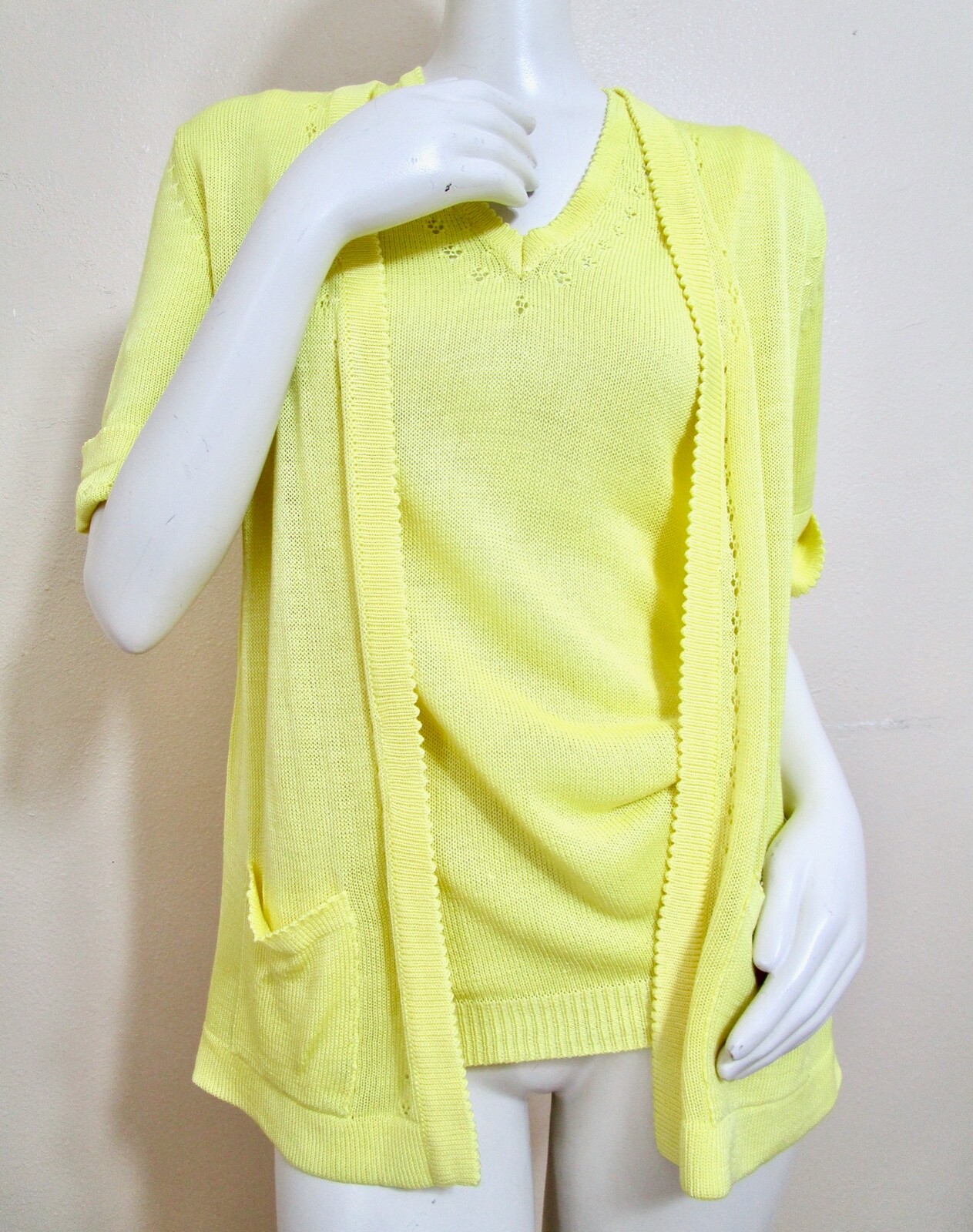 Vintage 70s Yellow Sweater Sleeveless Shell SS Swing Cardigan Set Pointelle S XS