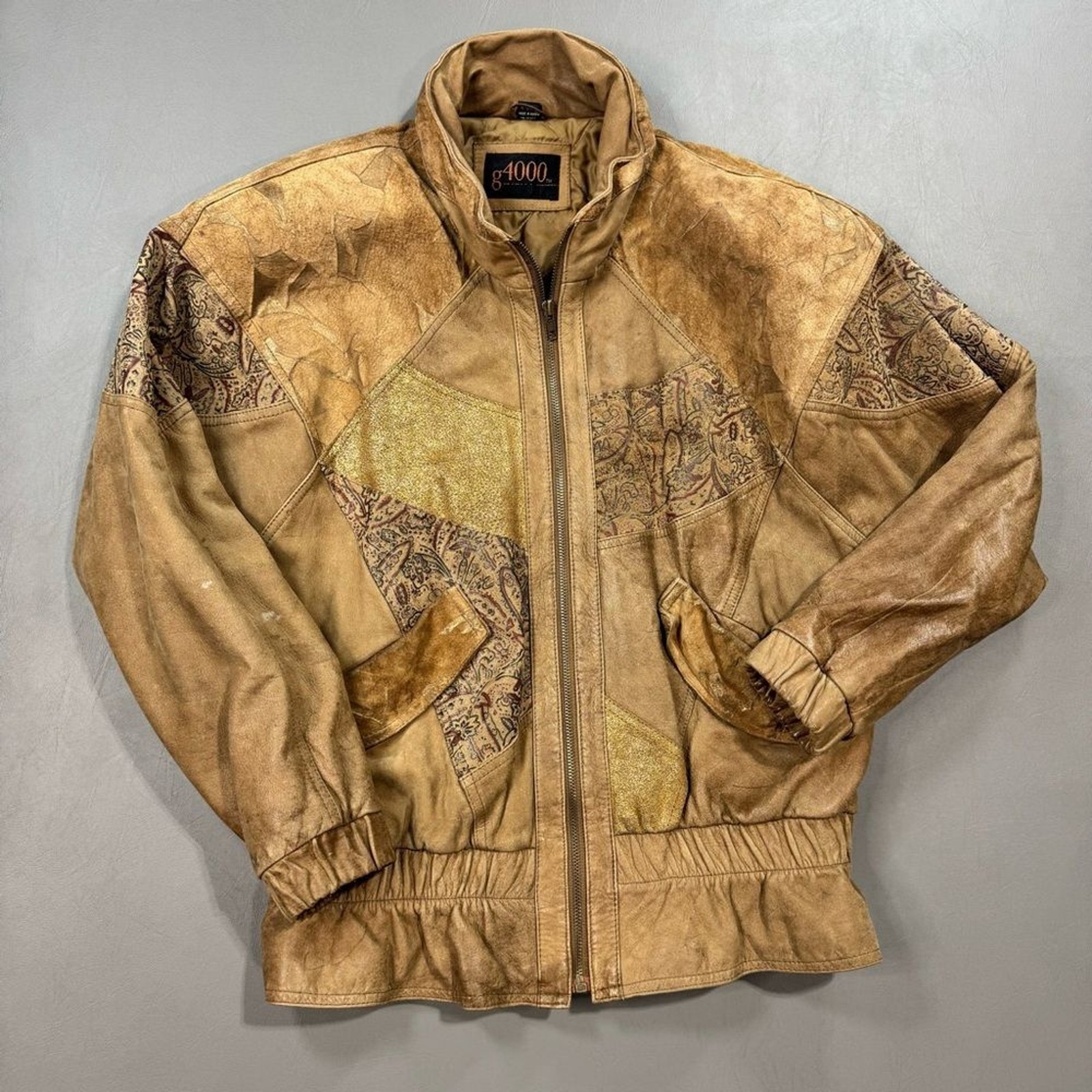 Vintage 80s Patchwork Leather Jacket M Korea Paisley Cinch 21×26