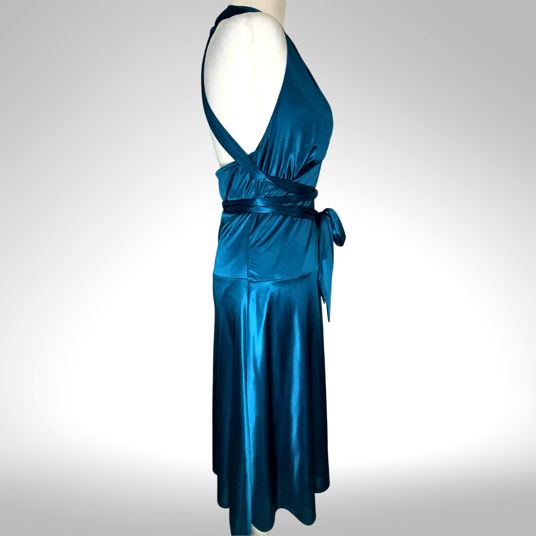 Blue Satin Halter Cocktail Dress Convertible Wrap Y2K Frederick’s Hollywood S/M