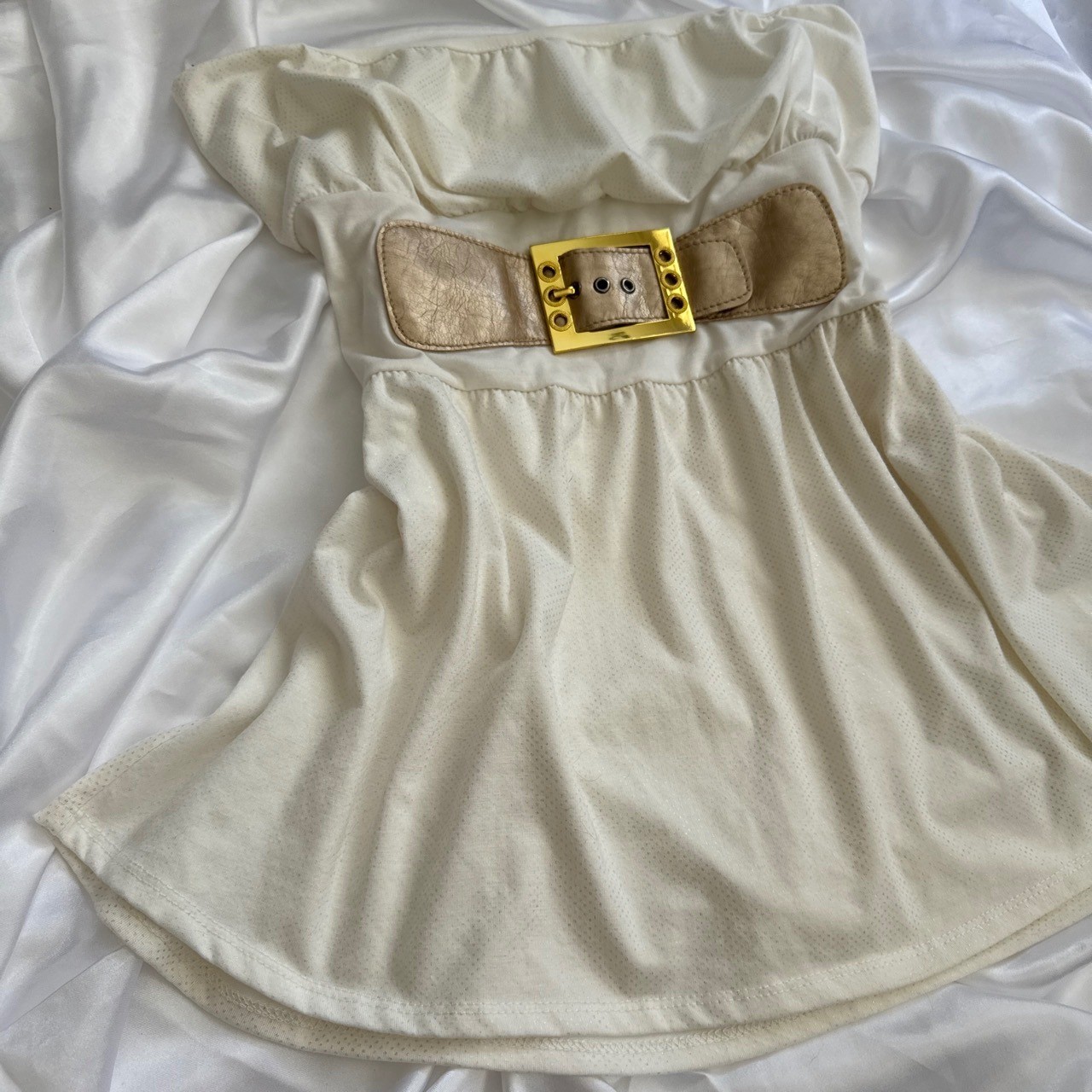 Max Rave Vintage Y2K Cream Metallic Belted Tube Top Strapless Babydoll Large
