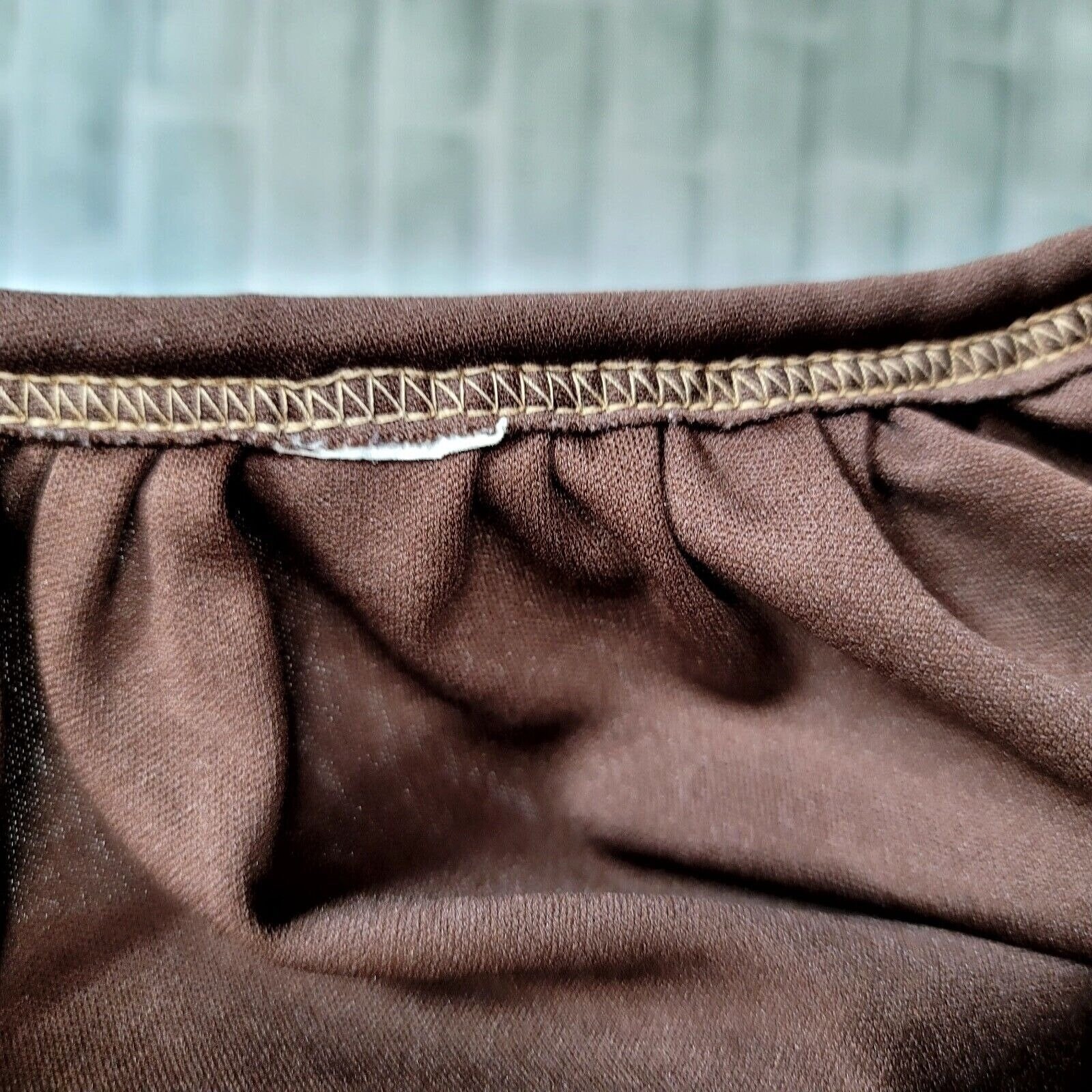 Vintage 70s Brown Polyester Blouse Womens M Bell Sleeve Disco Keyhole Neckline