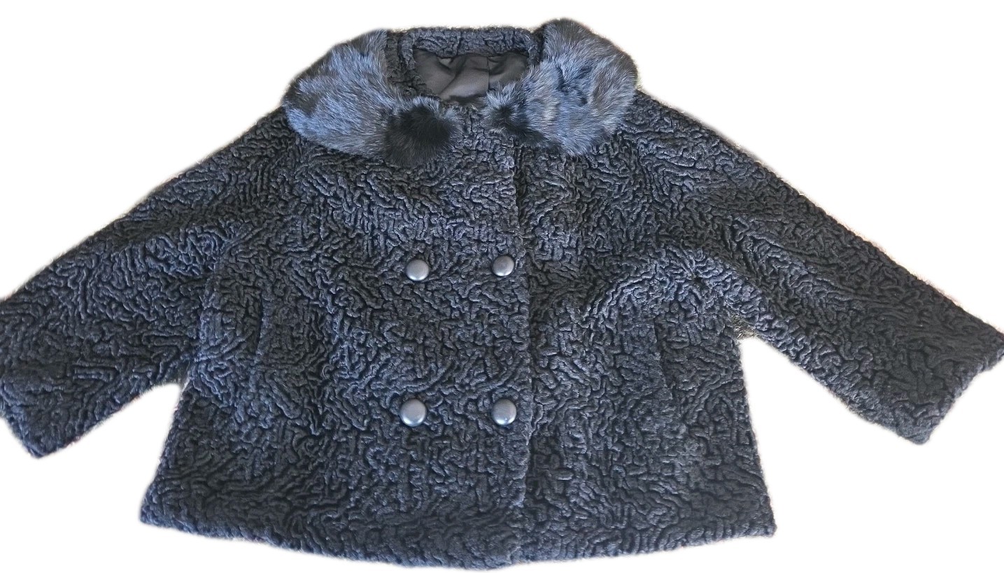Vtg Anthony Rao Coat M Black Curly Lambs Wool w Real Fur Collar 50s 3/4 Sleeve