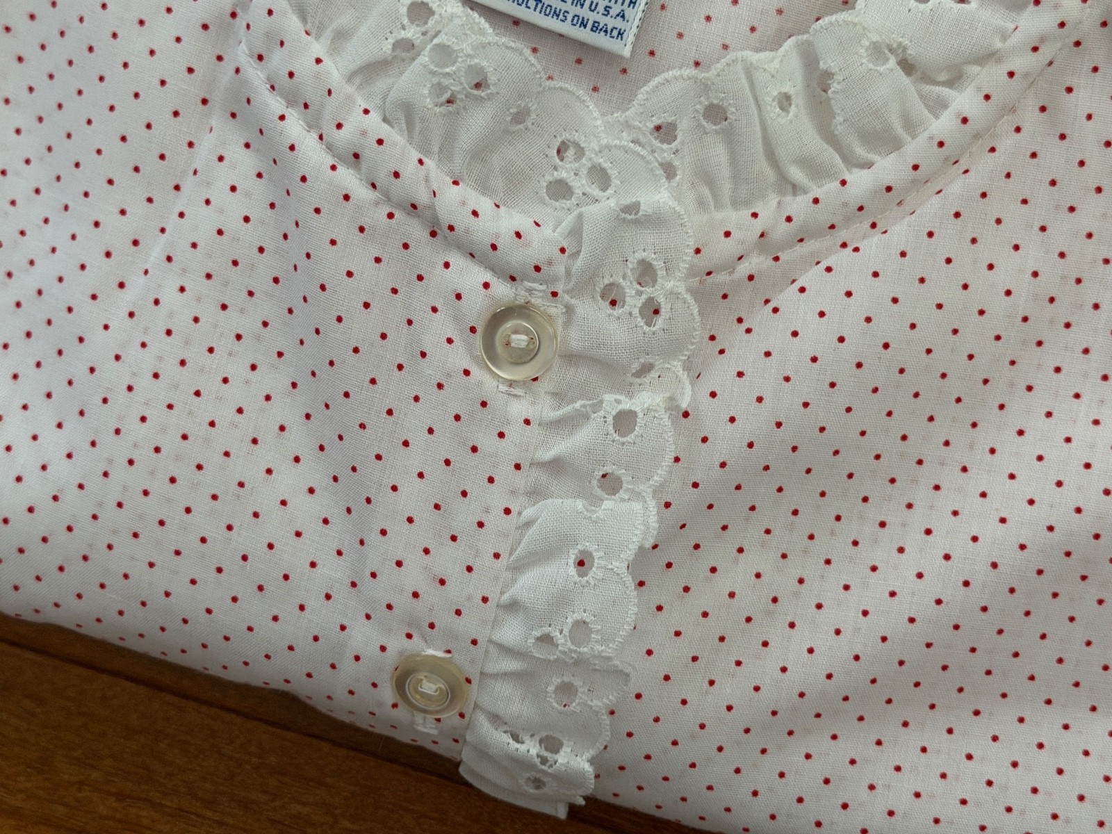 Vintage CAROLE Nightgown Gown White Red Polka Dots Eyelet Lace Buttons SMALL NOS