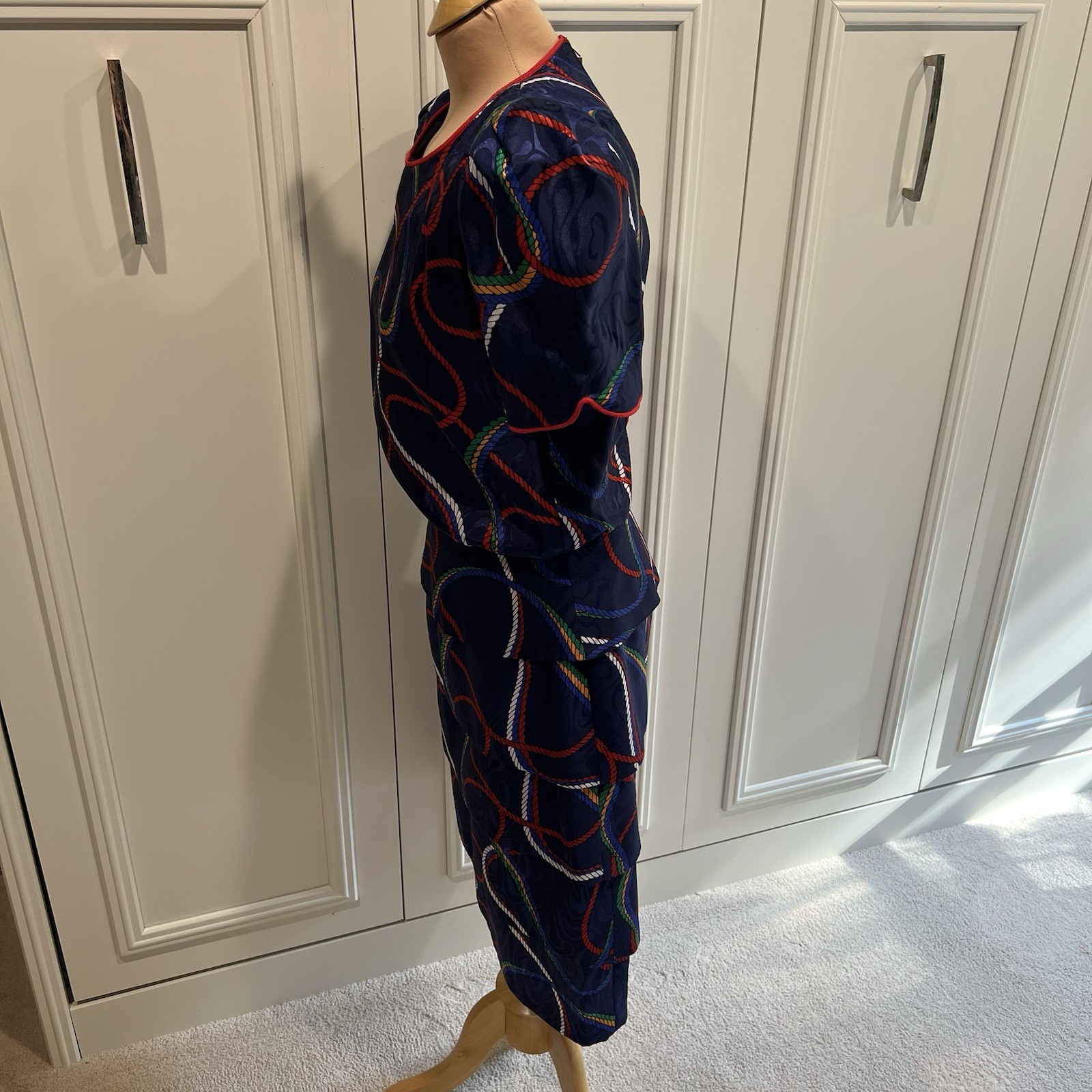 Vintage Sabino Women’s Dress Size 8 Navy Rope Print Tiered Nautical 80s Designer