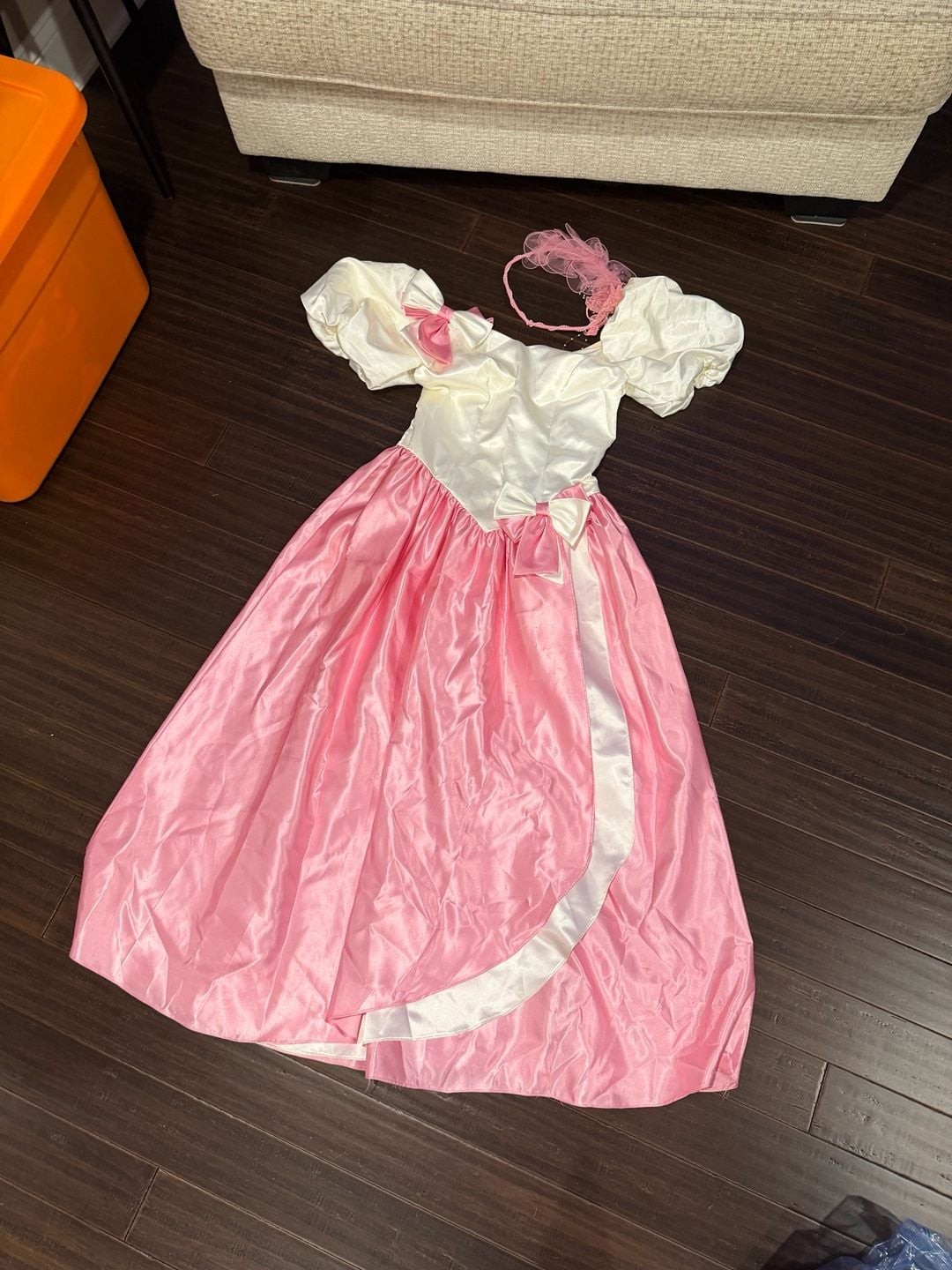 Vintage Pink & Cream Taffeta Puff Sleeve Drop Waist Bridesmaid Dress