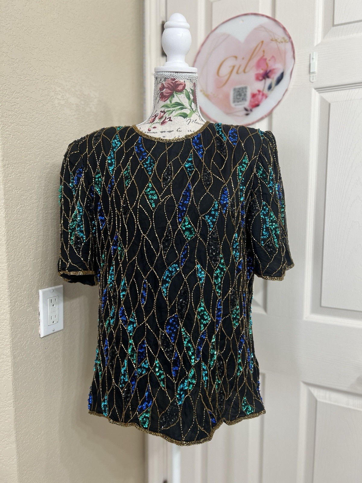Vintage 80’s Laurence Kazar, 100% Silk, Beaded Sequin Blouse, Size 1X, NWT