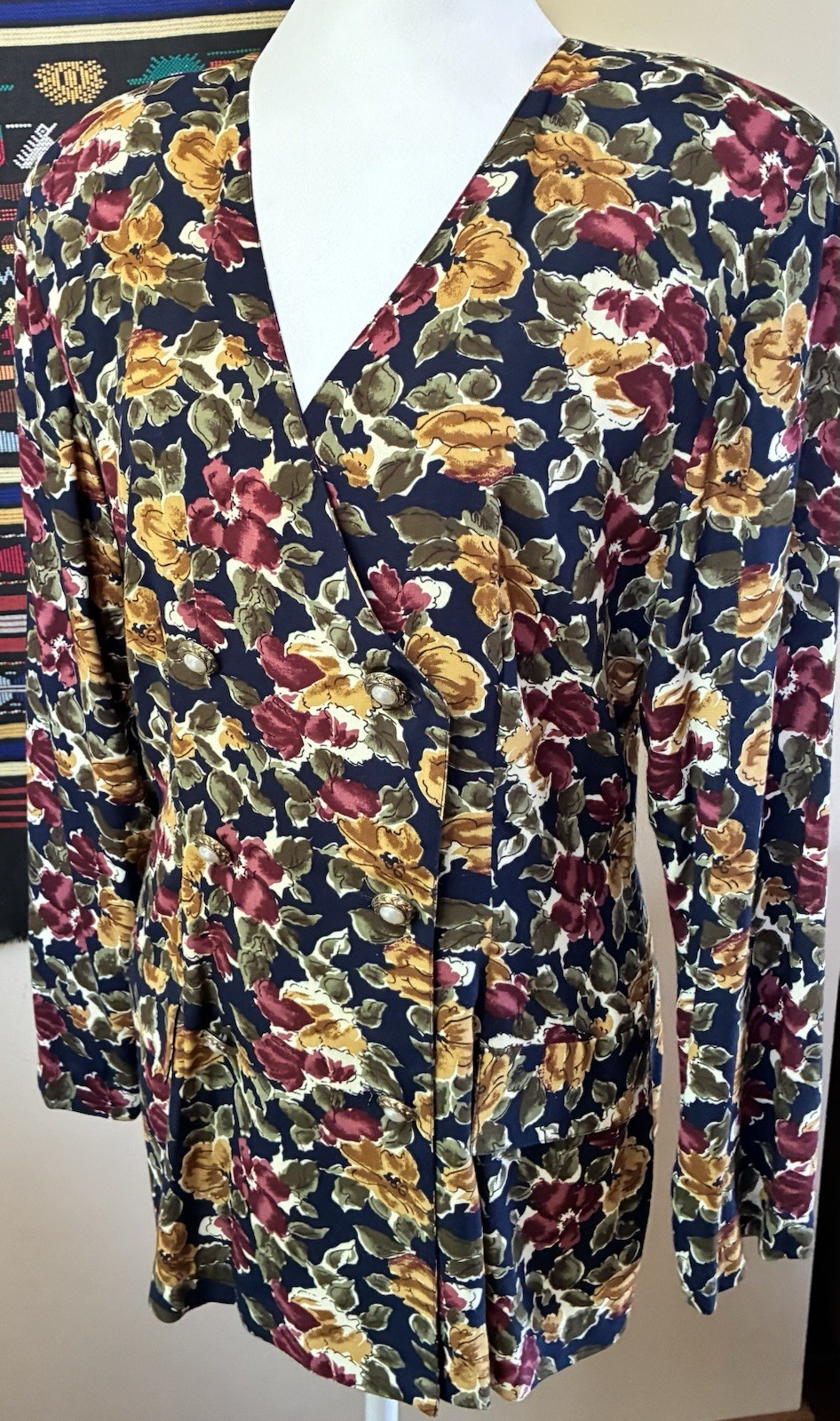 Vintage 90s Wrapper Rayon Navy Floral Double Breasted Jacket Blazer USA Made M