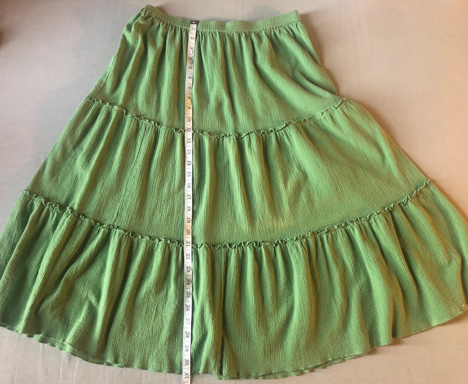 70s Vtg Two Twenty L Pull On Lime Green Cotton Tiered Skirt Boho Hippie Spring