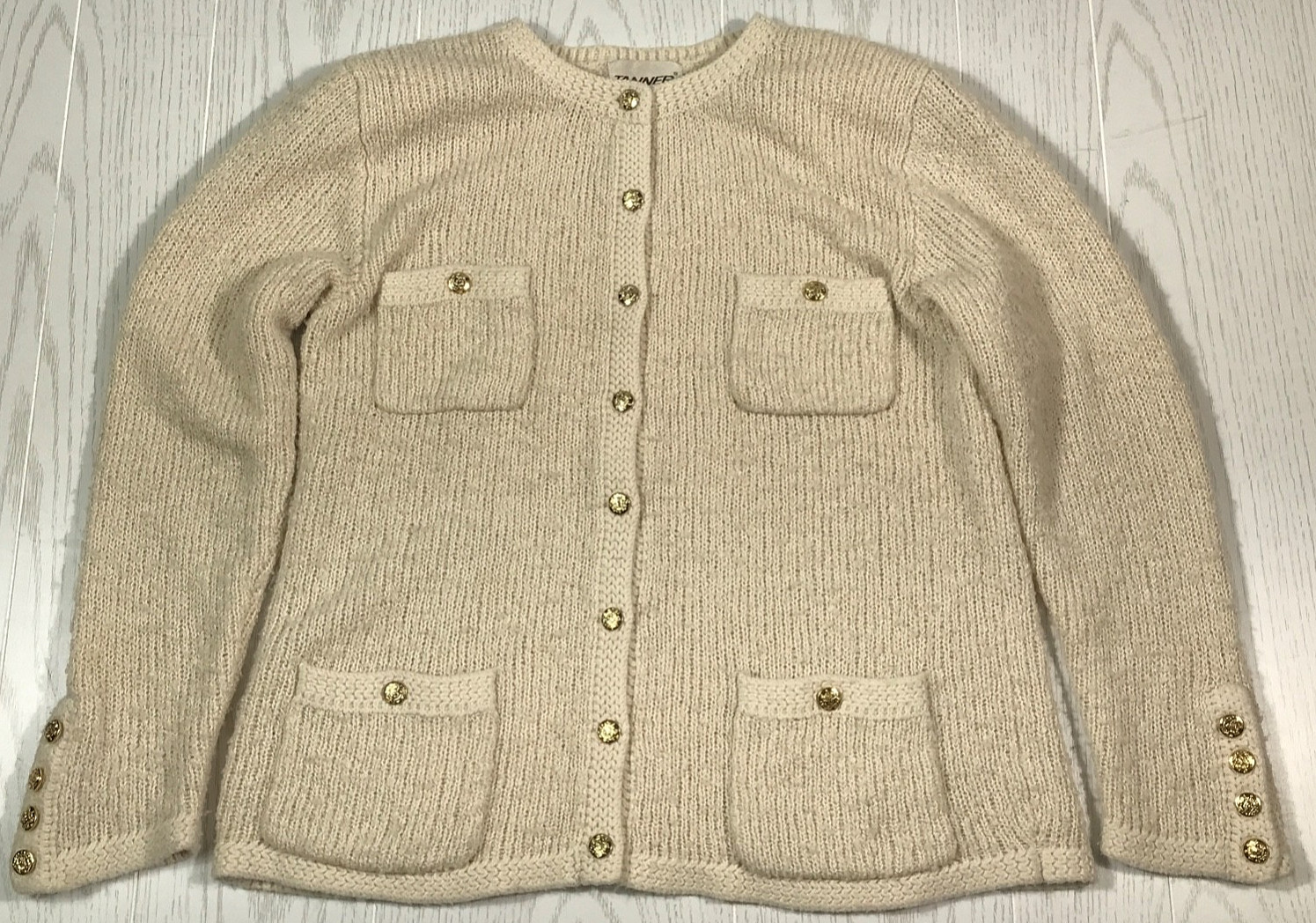 Vintage 80s Granny Sweater Women M Beige Tanner Acrylic Cardigan 4 Pockets Ugly