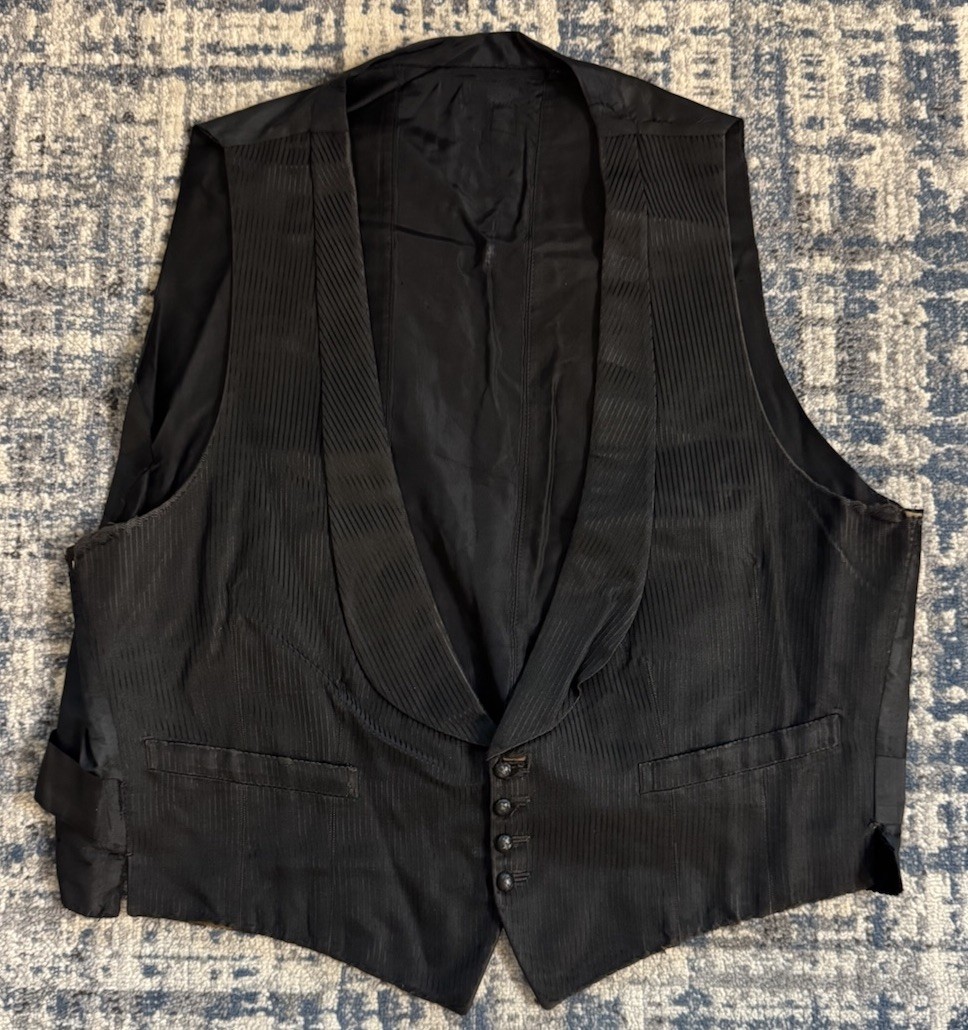 Antique Early 1900s 1910s Black Silk Tuxedo Waistcoat Vest Size Large