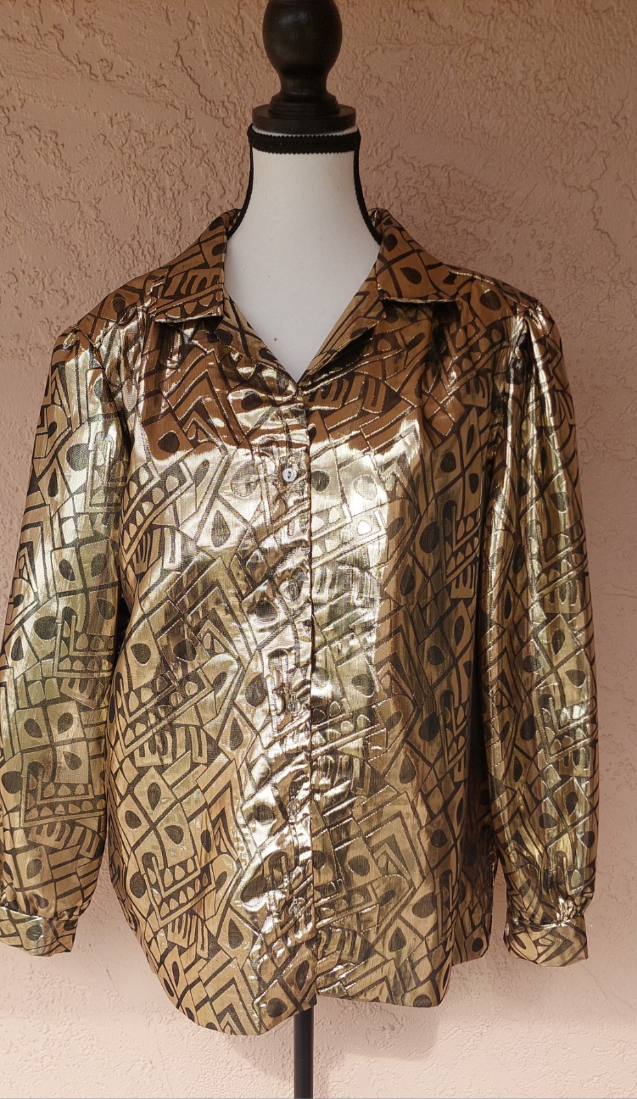 Vintage Lori of California Blouse Womens Sz 38 Metallic Printed Long Sleeves