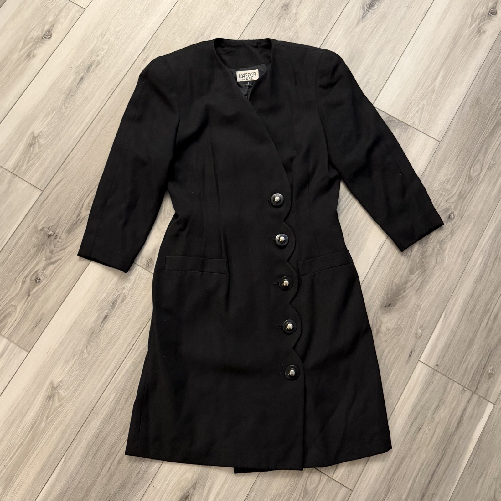 Vintage Kasper For ASL Lined Coat Dress Scalloped Trim Front Size 6 Black