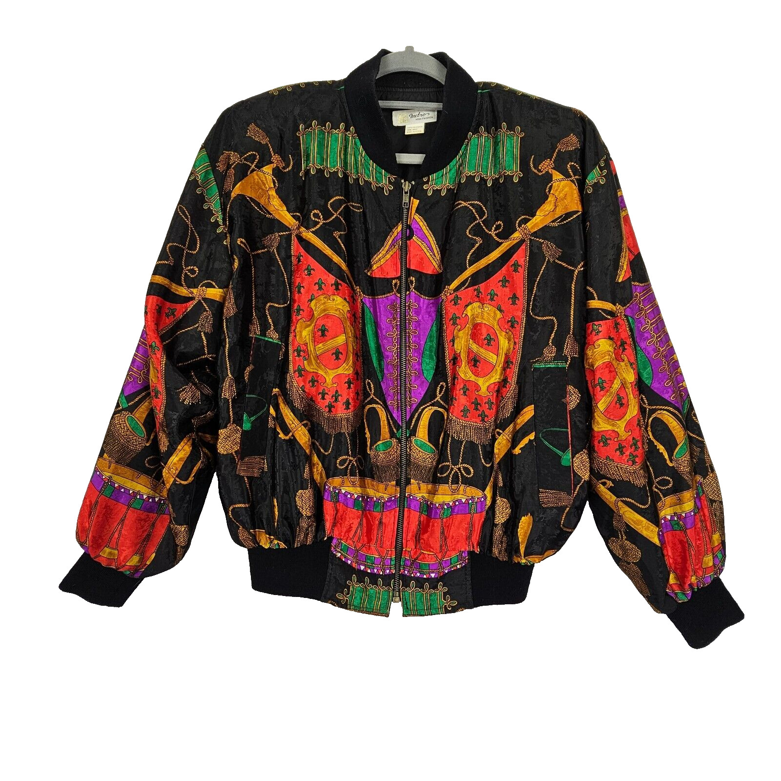 VTG Metro High Fashion Jacket Women L Colorful Full Zip Shoulder Pads Satiny Y2K