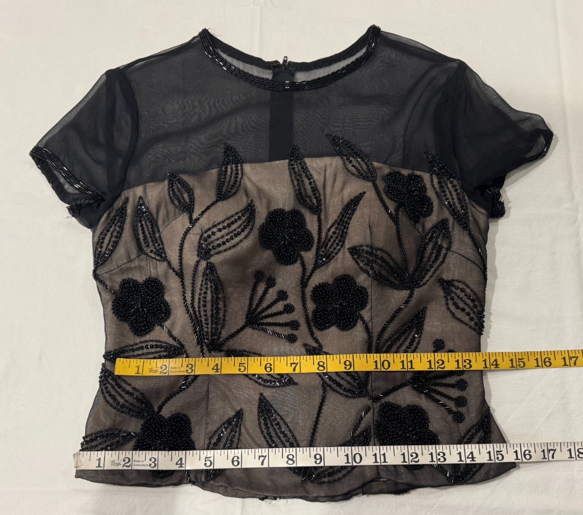 Vtg Adrianna Papell Evening Beaded Silk Top Black Illusion Sheer Nude Lace 6P