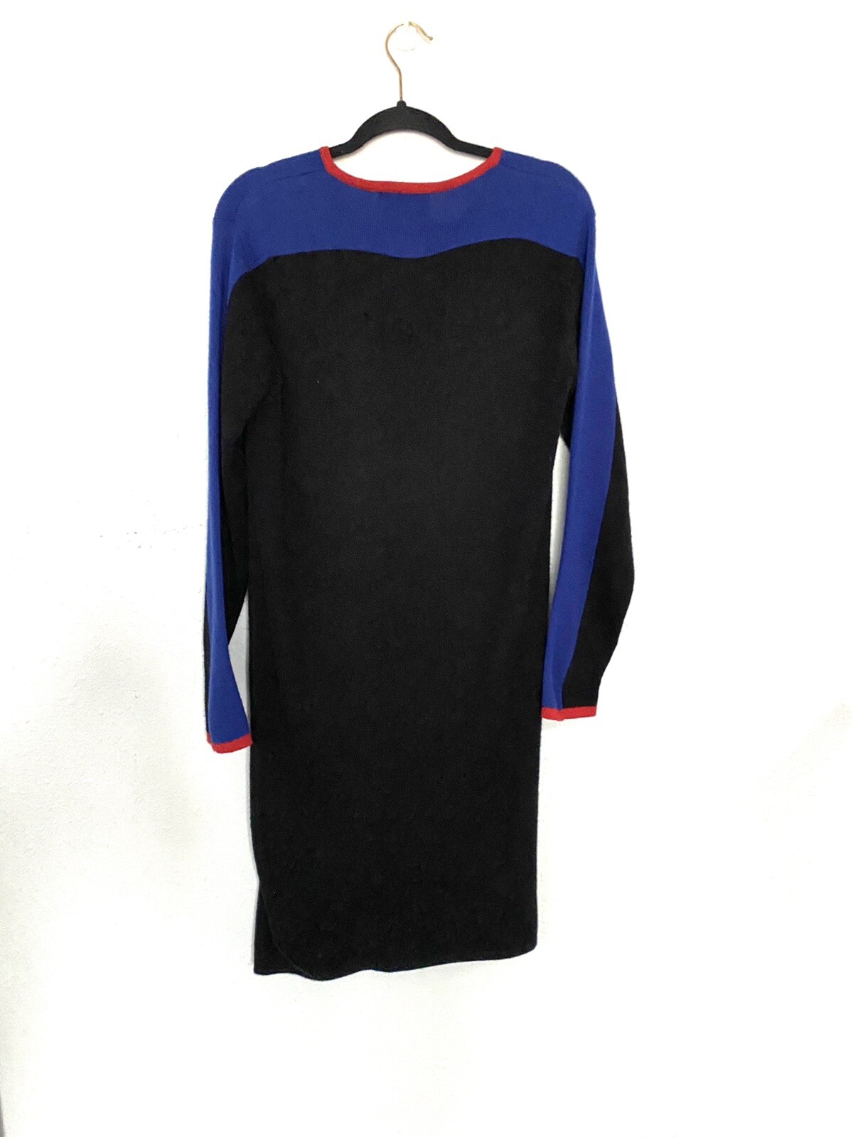 Vintage Wool Blend Black Blue Colorblock Sheath Sweater Dress Karin Stevens M