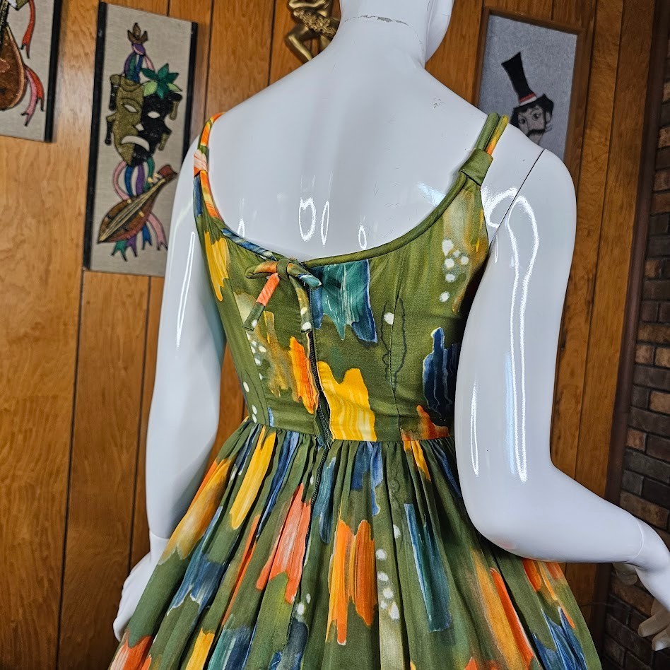 Vtg 50s Novelty Olive Paint Splatter Voile Circle Skirt Party Prom Dress XS/S P