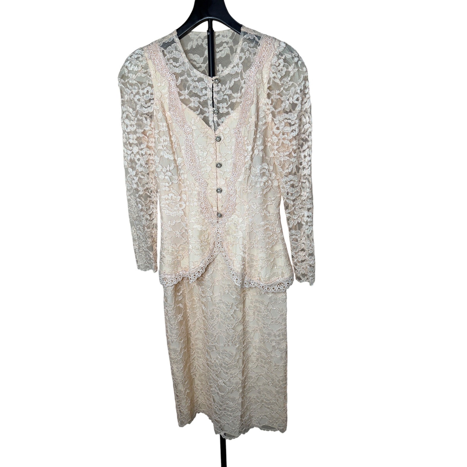 Cachet by Bari Protas Vintage Lace Skirt Suit Set Pink Peplum Jacket Midi 5/6