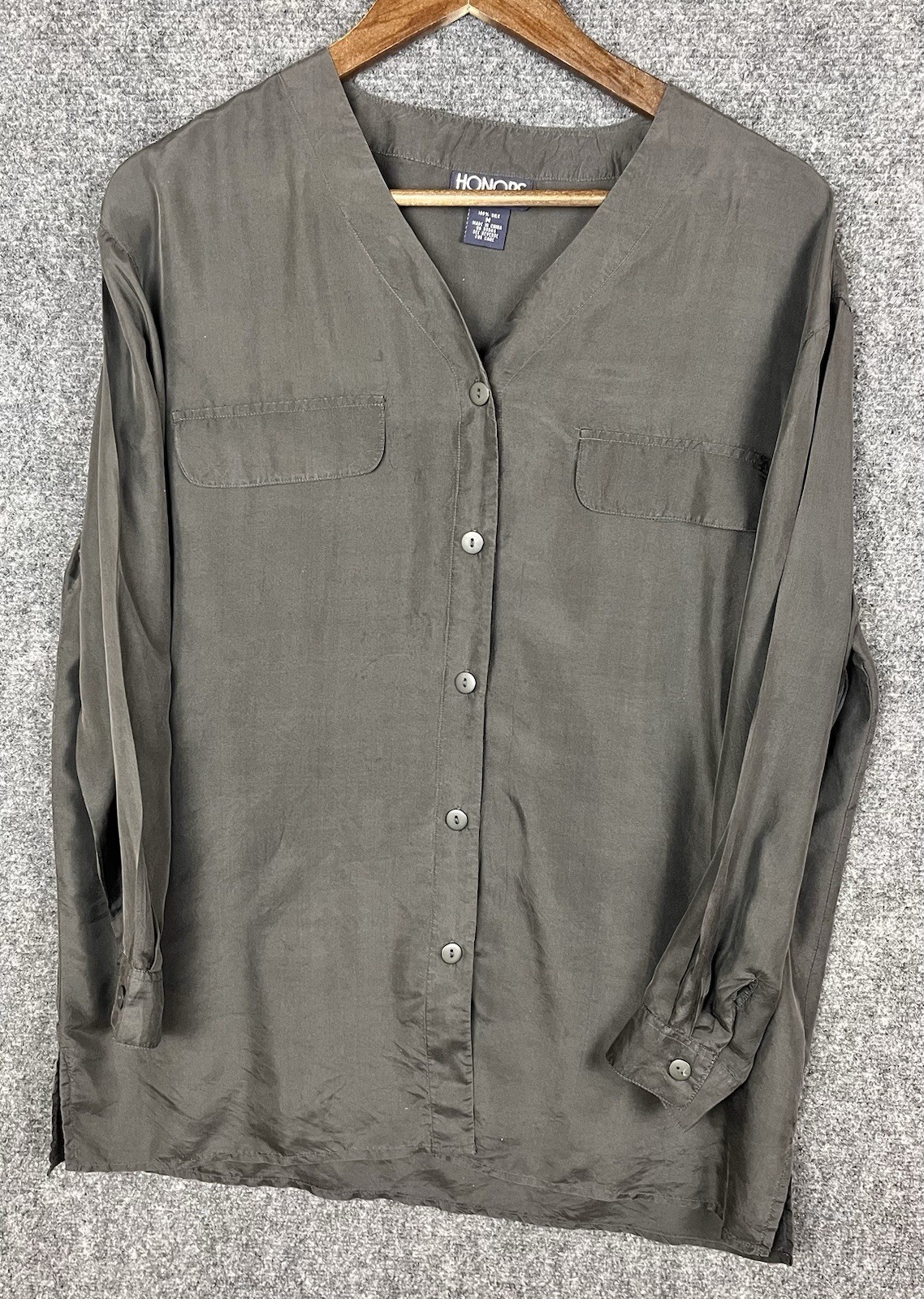 Vintage Honors Womens Silk Top Blouse Button Up Long Sleeve Black Size Medium
