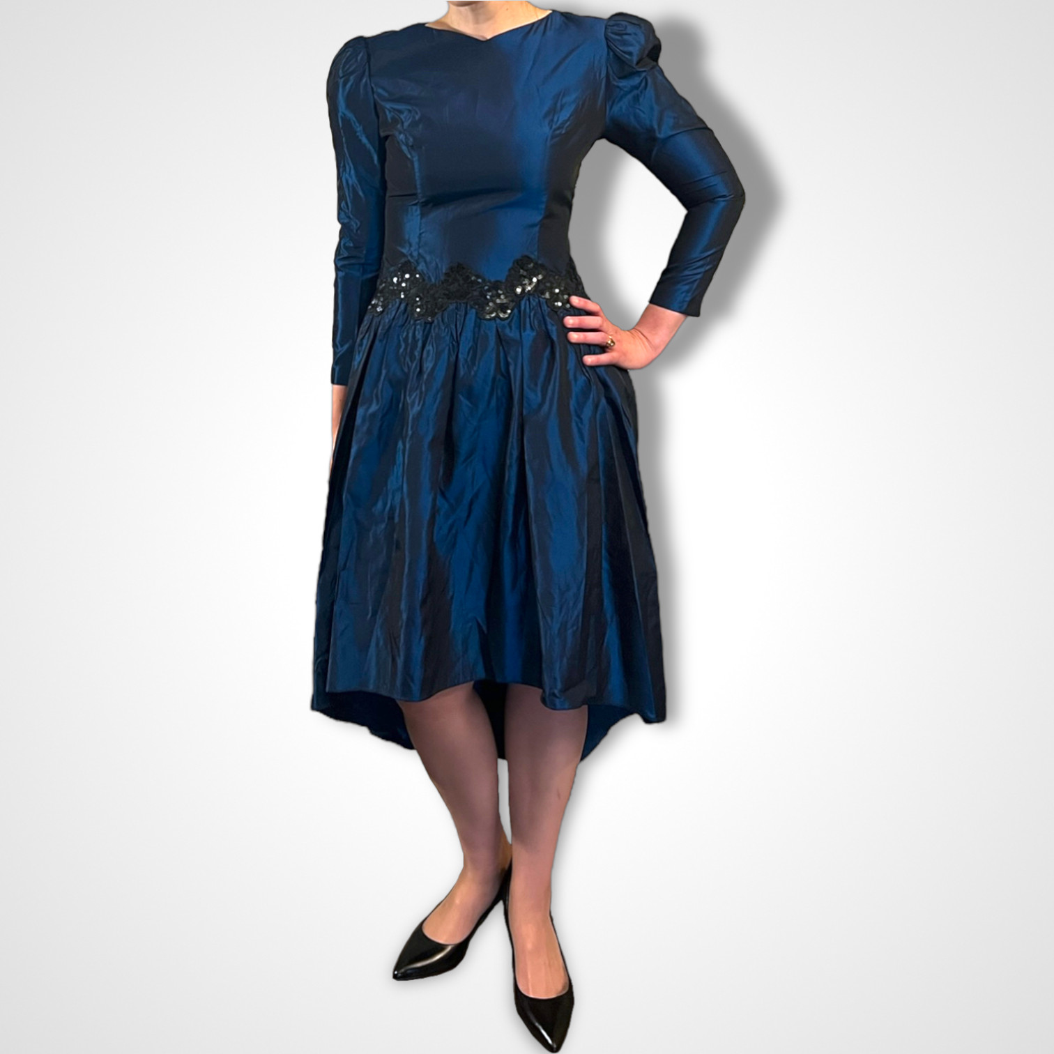 Backless Jessica McClintock Vintage 80s Puff Sleeve High Low Blue Dress Gown S/M