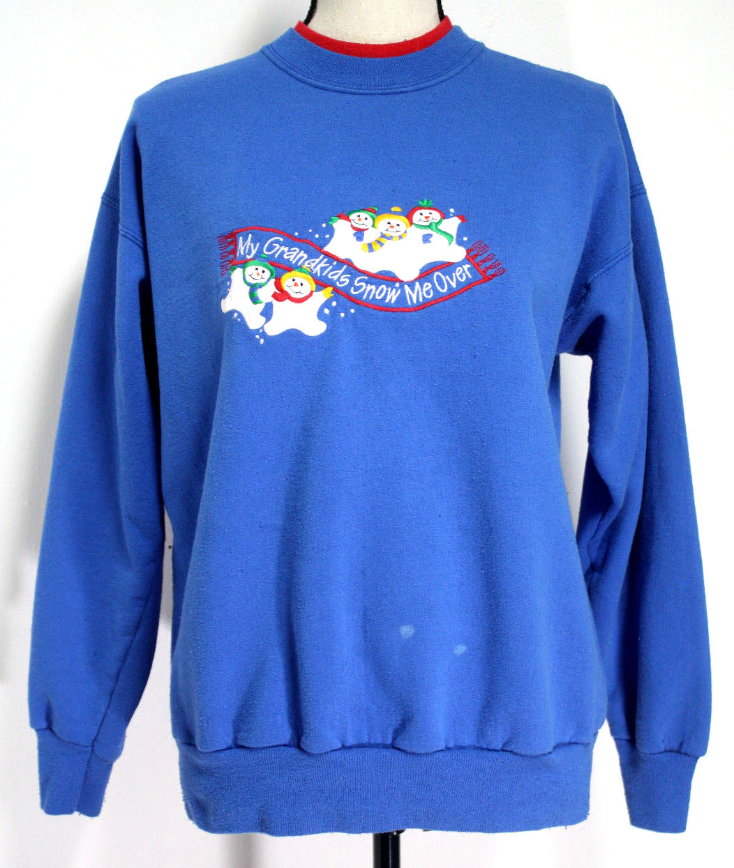 Vintage MC Sportswear Womens Medium Sweatshirt Blue Christmas Snowmen Grandkids