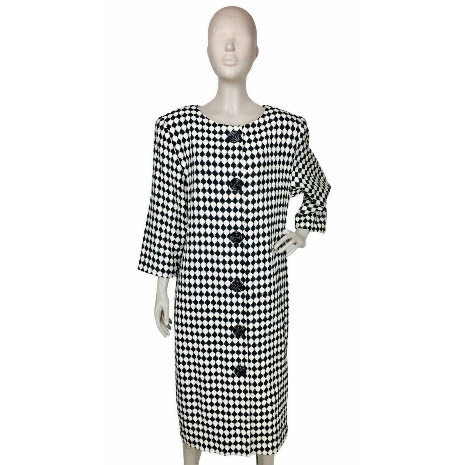 Vintage 80s Jackie Bernard MOD Monochrome Dress Coat Women’s Size M/L