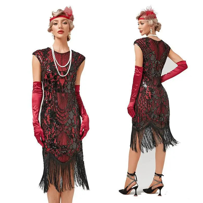 Womens 1920s Vintage Dress Court Trend Double Round Neck Sleeveless Beaded
