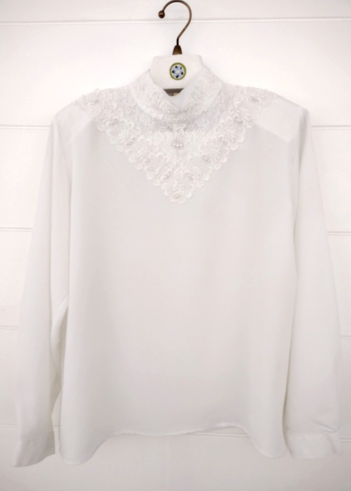 Vtg 80s High Neck White Pearl Beaded Lace Enbroidered Blouse Secretary 14 Puff S