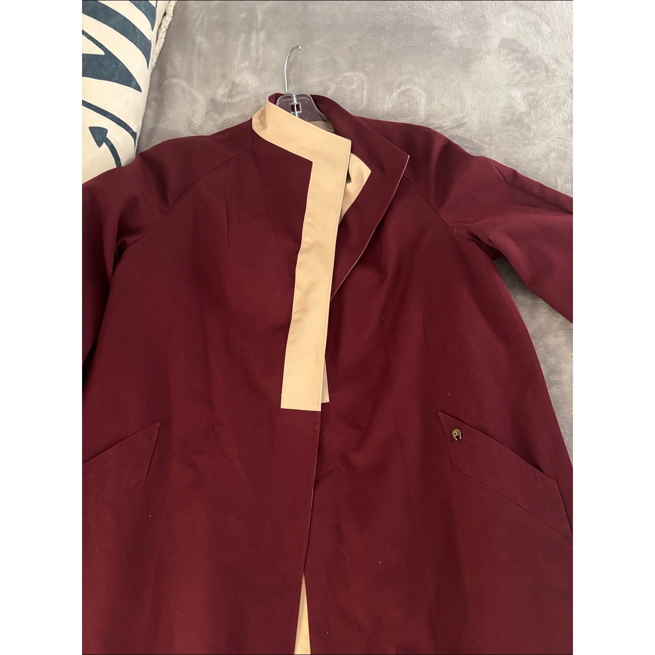 ETIENNE AIGNER Reversible Belted Trench Coat in Burgundy with Beige Sz 10 NWOT