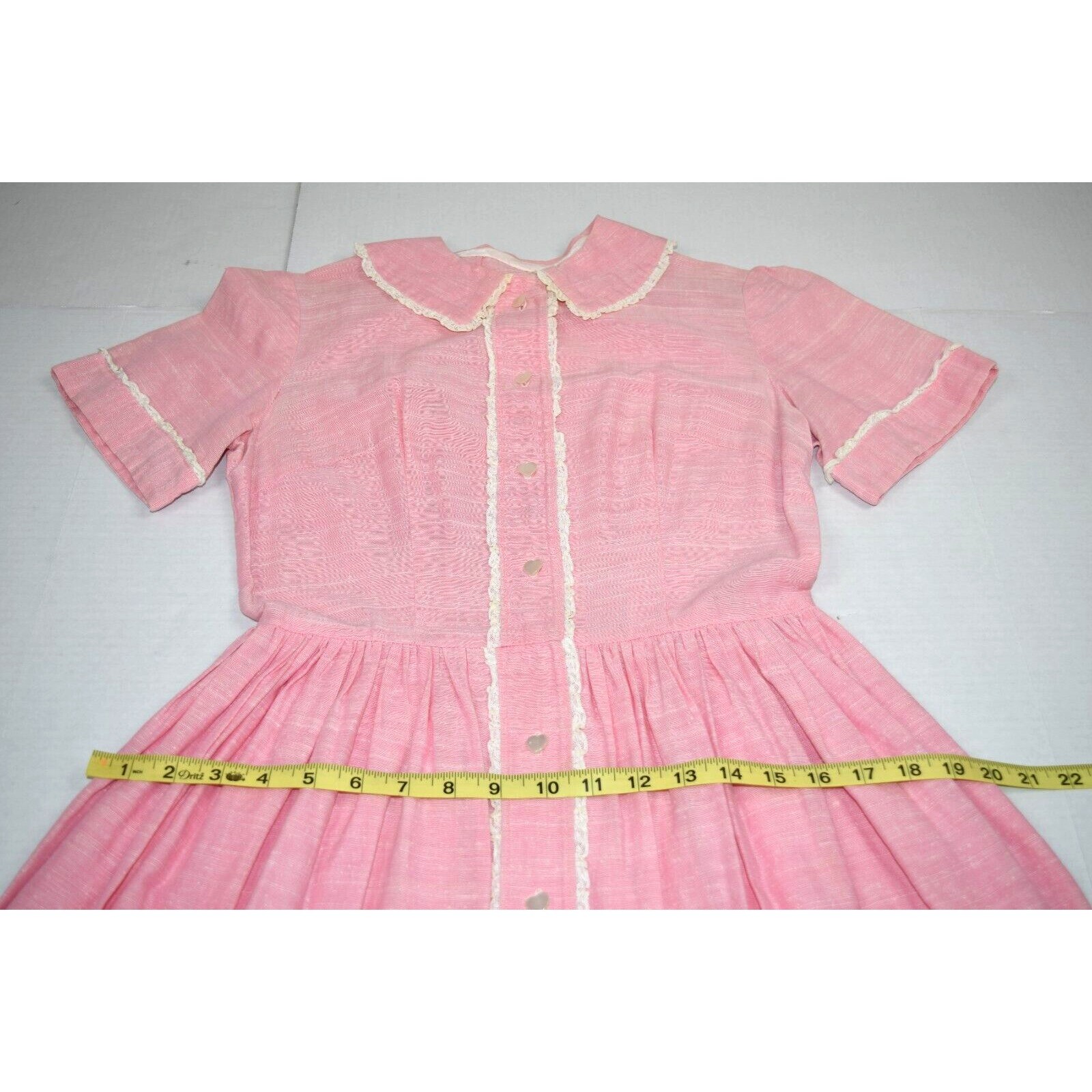 Vintage Midi Dress Size S/M 50s Cotton Candy Pink White Lace Trim Heart Buttons