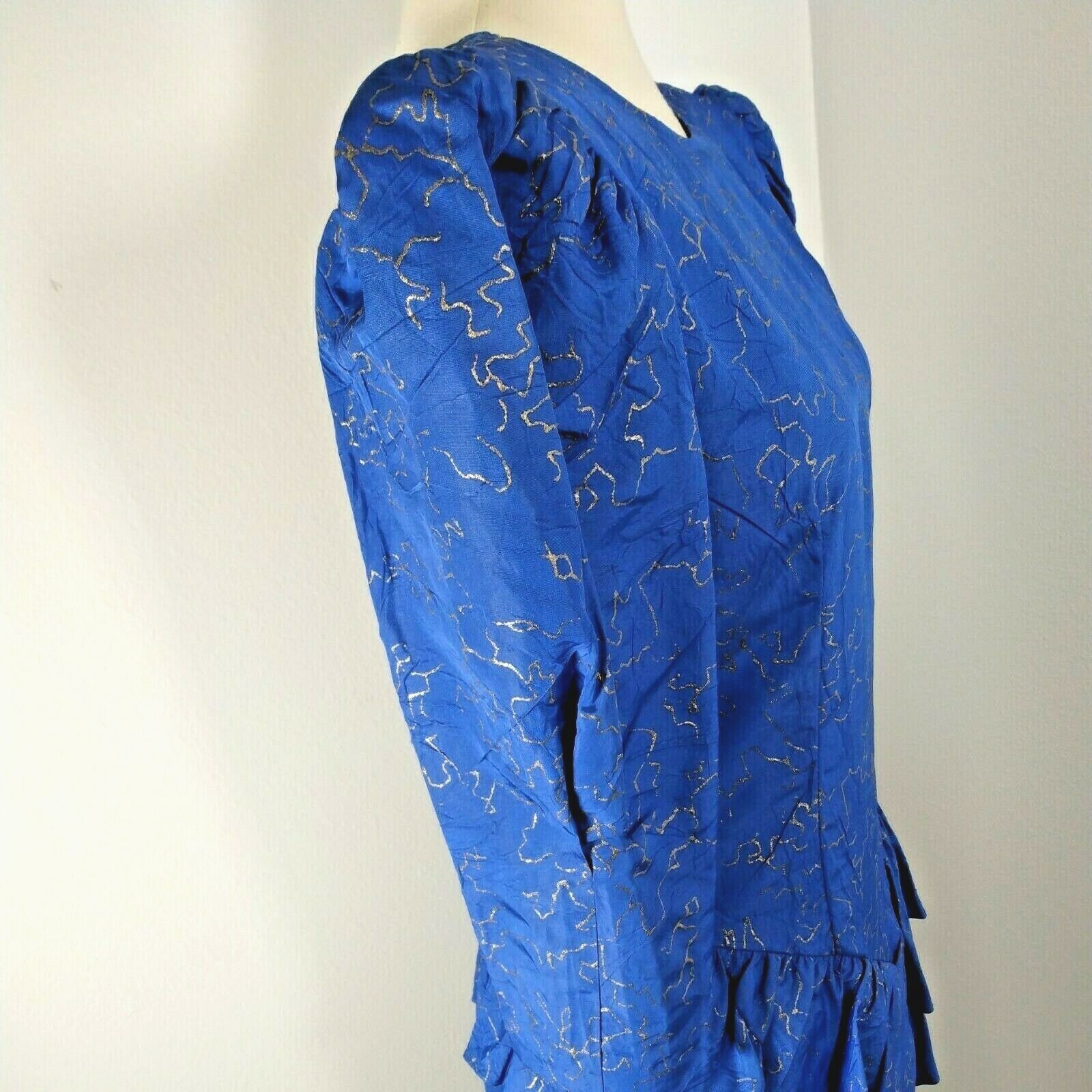 CREME Midi Dress Womens 7 Midi Blue Gold Puffy Sleeve Ruffles 80’s True Vintage