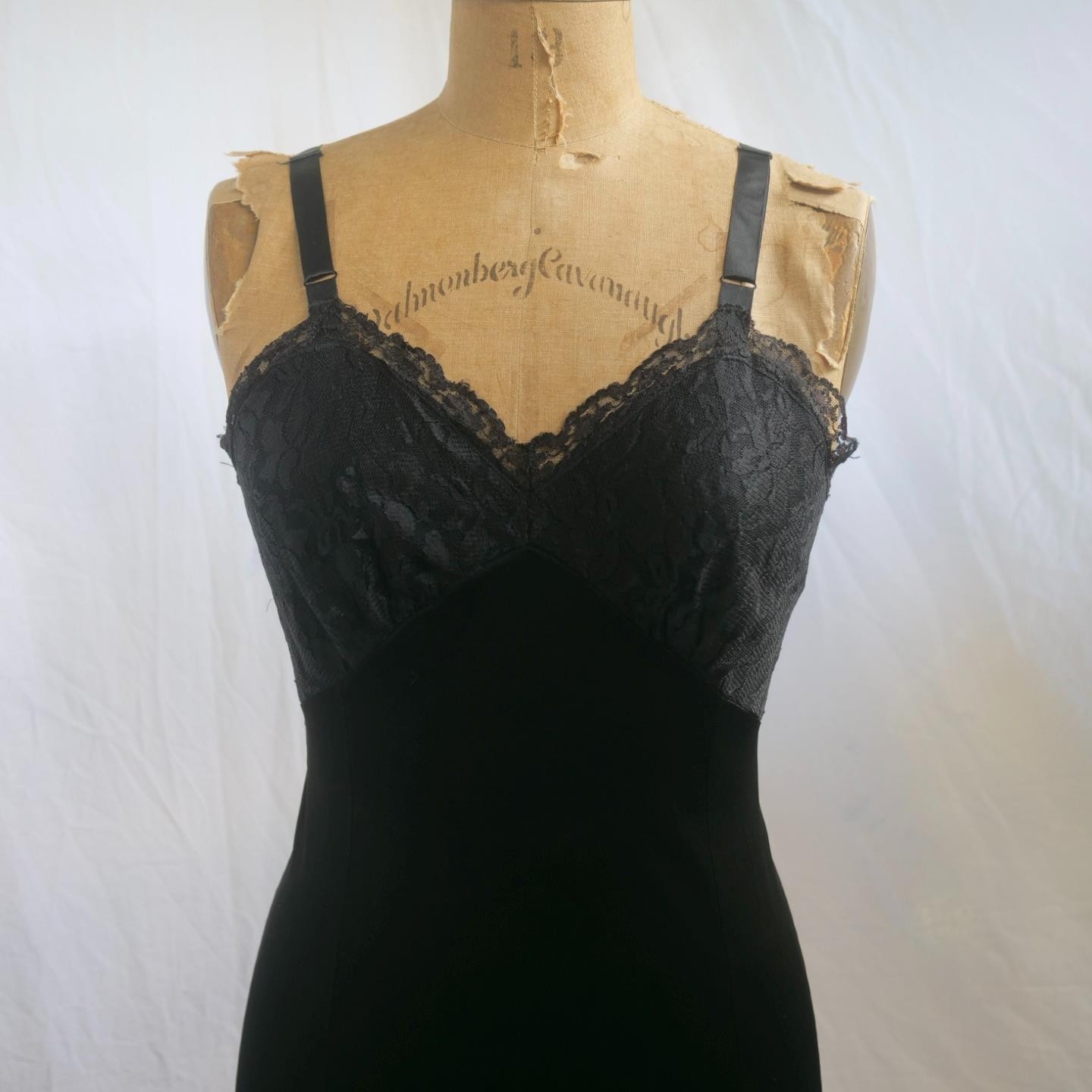 Vintage 60s DIXIE BELLE Black Acetate Tricot Full Slip Dress Floral LACE 34 S/M