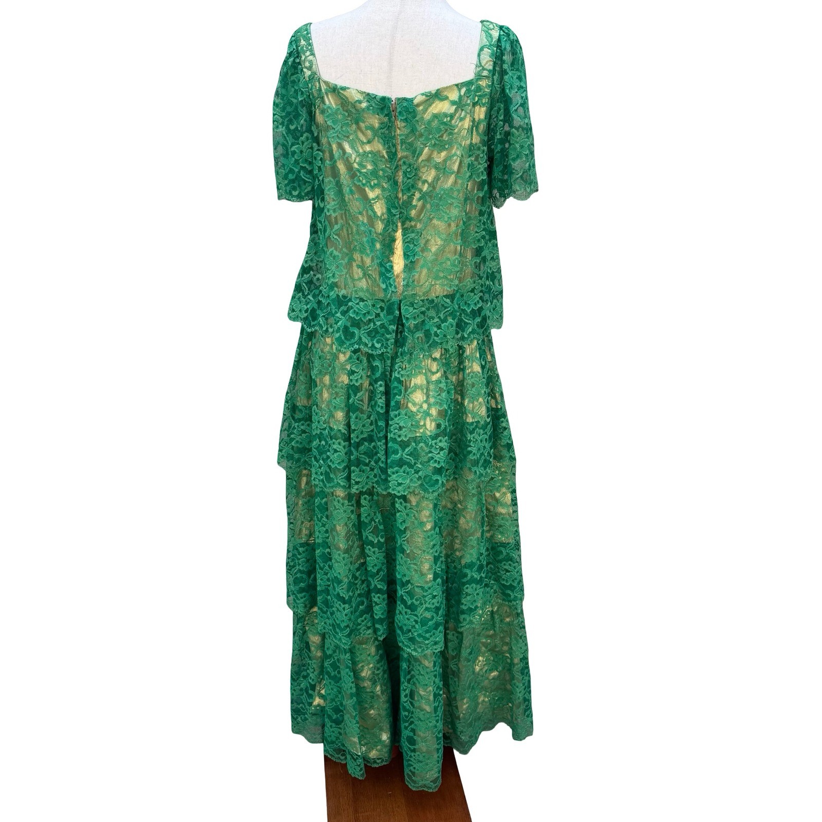 Vintage Green Floral Lace Gold Metallic Tiered Maxi Dress Square Neck Handmade