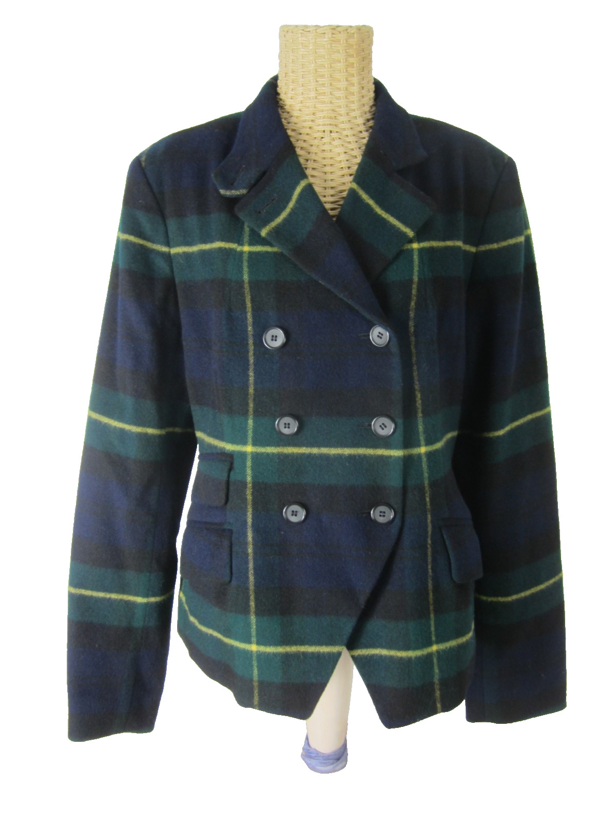 Vtg DKNY Womens 10 Navy Blue Green 100% Lambswool Tartan Plaid Blazer Jacket