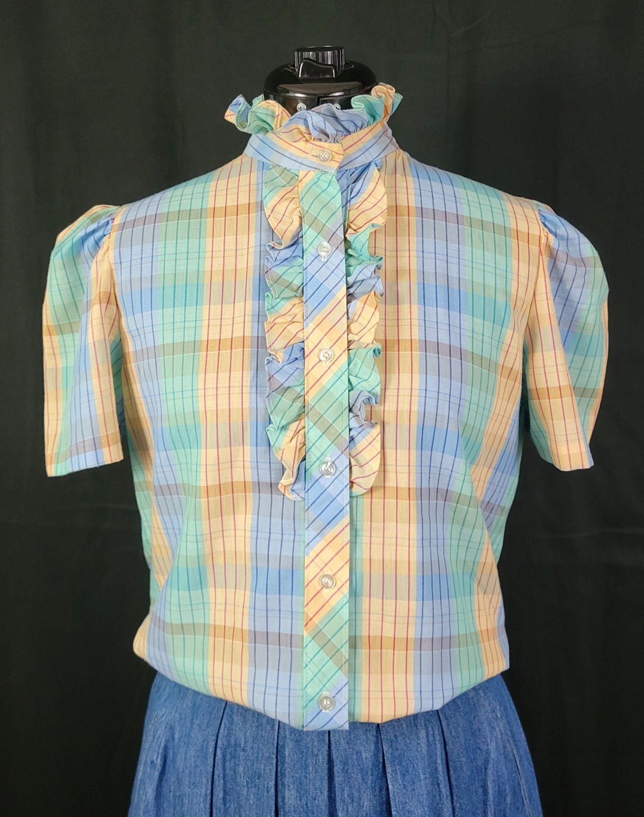 Vtg Lucky Winner Peach/Mint/Blue Plaid Top w Ruffled Collar Size 11/12