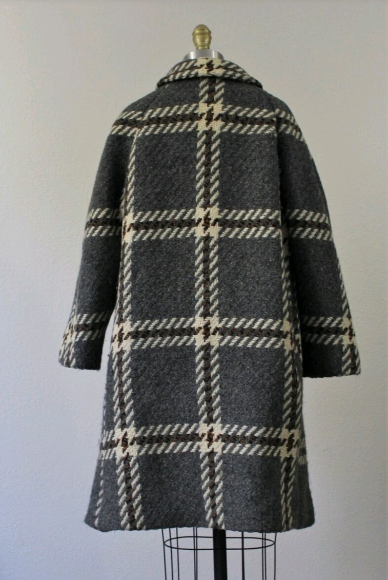 1950s VTG FAIRBROOKE Gray + Multi Color Plaid Wool Trapeze Button Down Car Coat