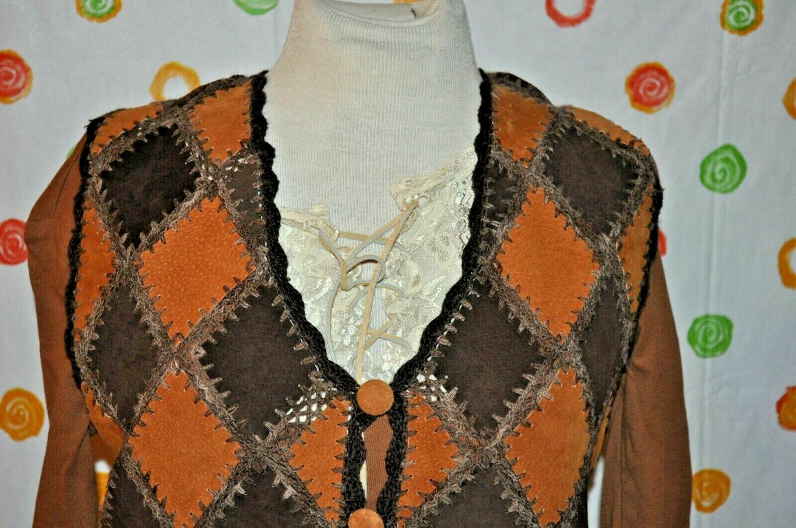 VINTAGE 2 pc Women`s M STUDIO Leather Knit Sweater VEST & Brown BOHO Hippie TOP