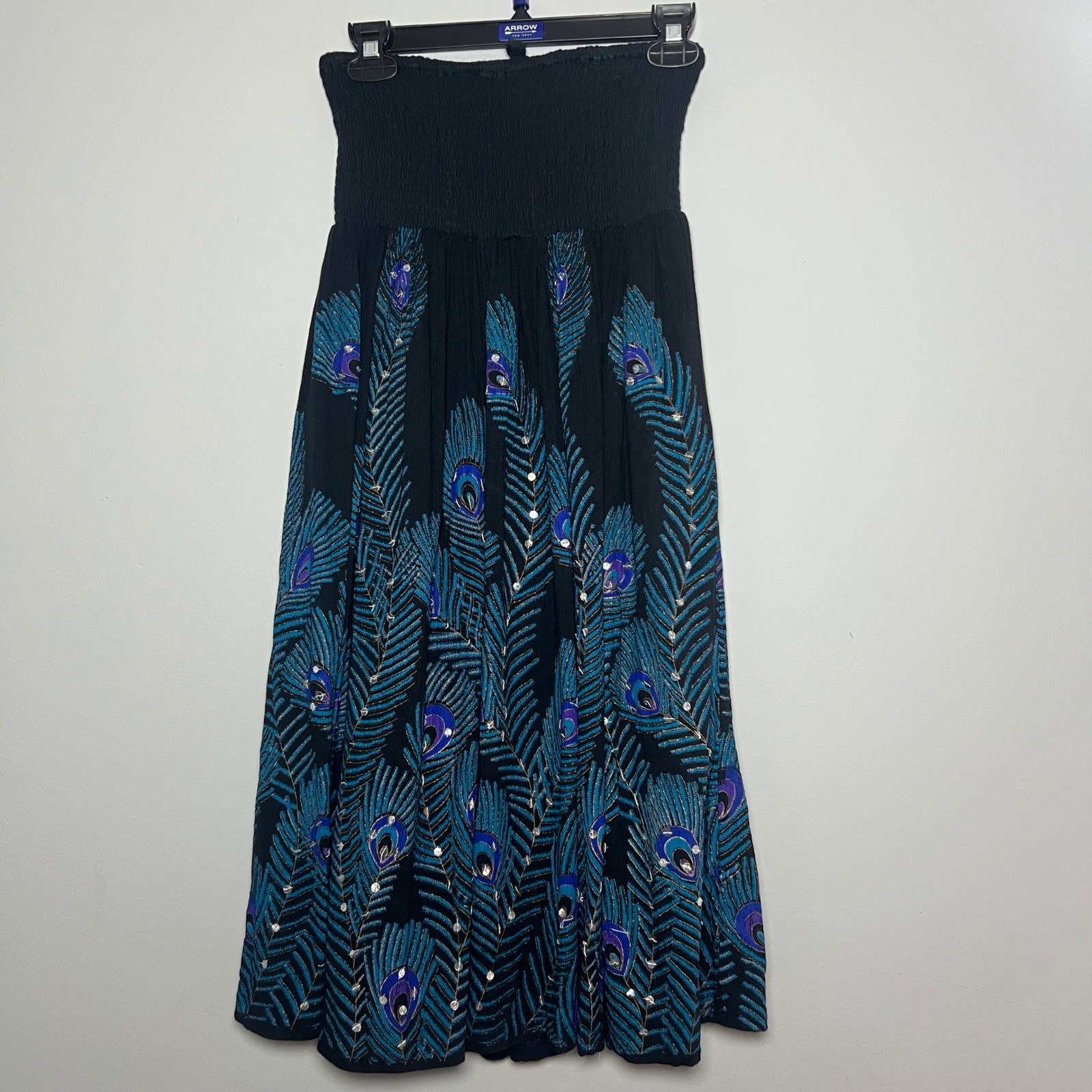 Womens Large Black Peacock Feather Smocked Strapless Sequin Mini Dress Y2K 90’s