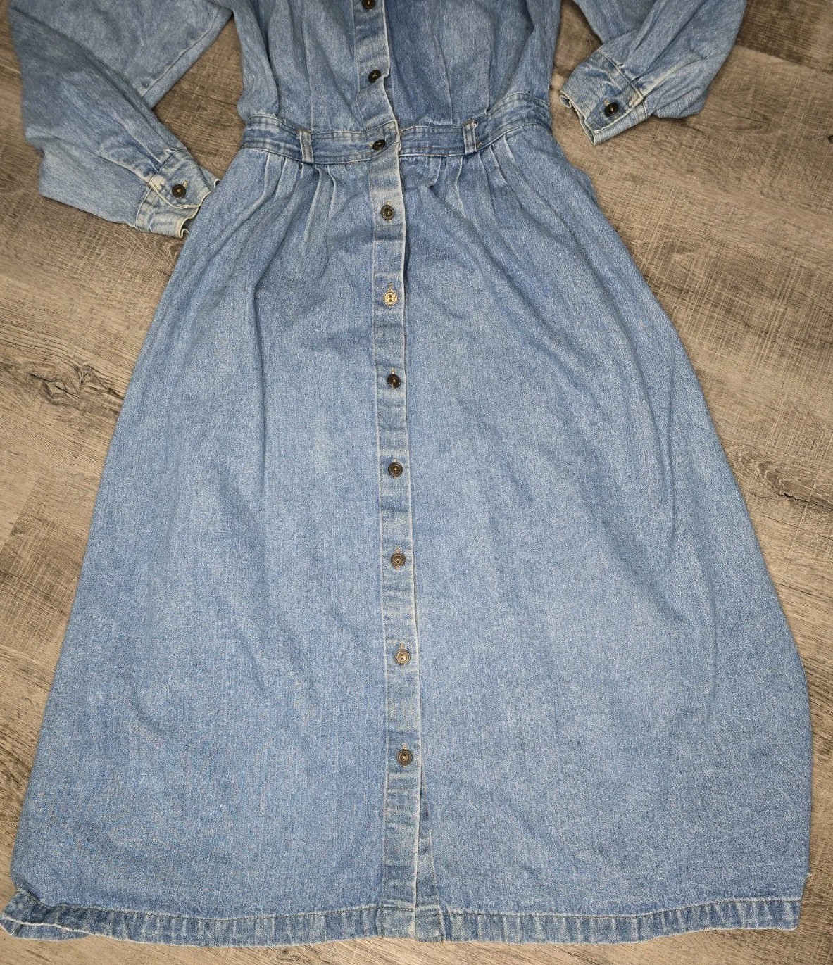 Vintage Susan Bristol Denim Midi Button Front Cinched Waist Long Sleeve Dress S