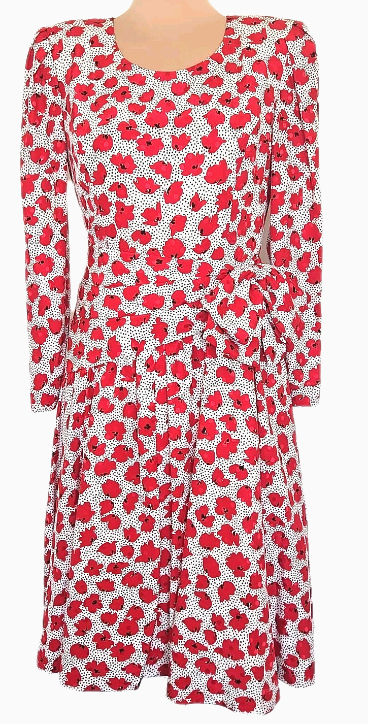 Vintage Hanae Mori Boutique side bow S Midi Dress Red White Black dots Floral
