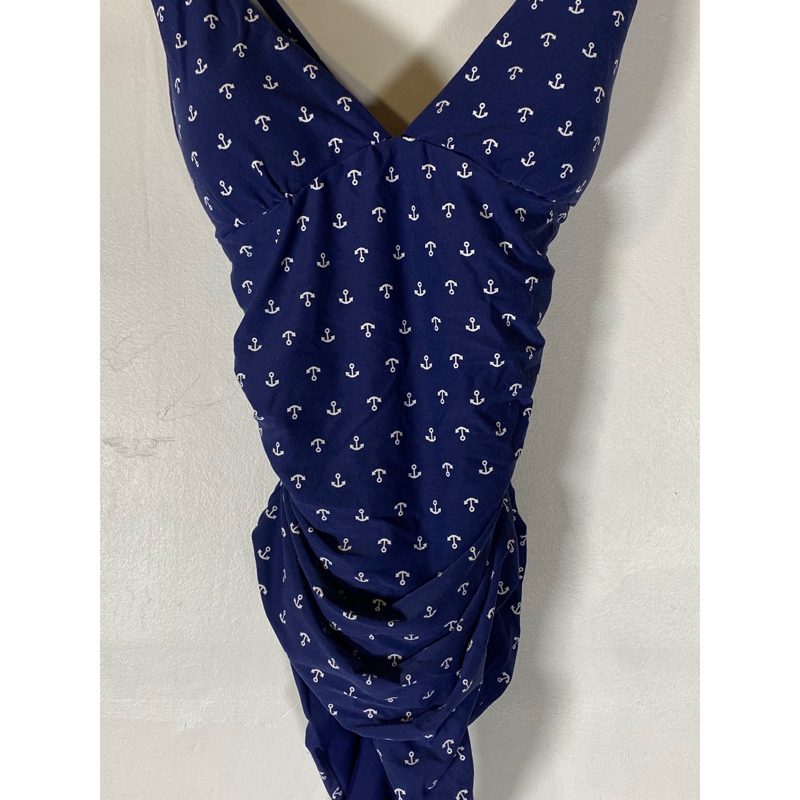 Nautical Anchor One Piece Swimsuit Ruched Blue Pin Up Retro Beach Small