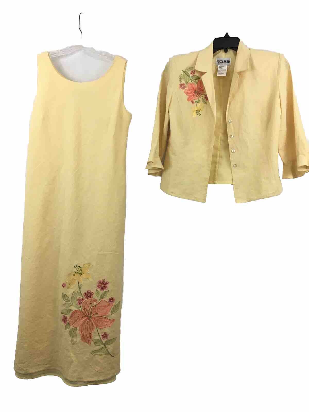 VINTAGE Plaza South Linen Maxi Dress&3/4 Sleeve Jacket Embroidered Womans 10