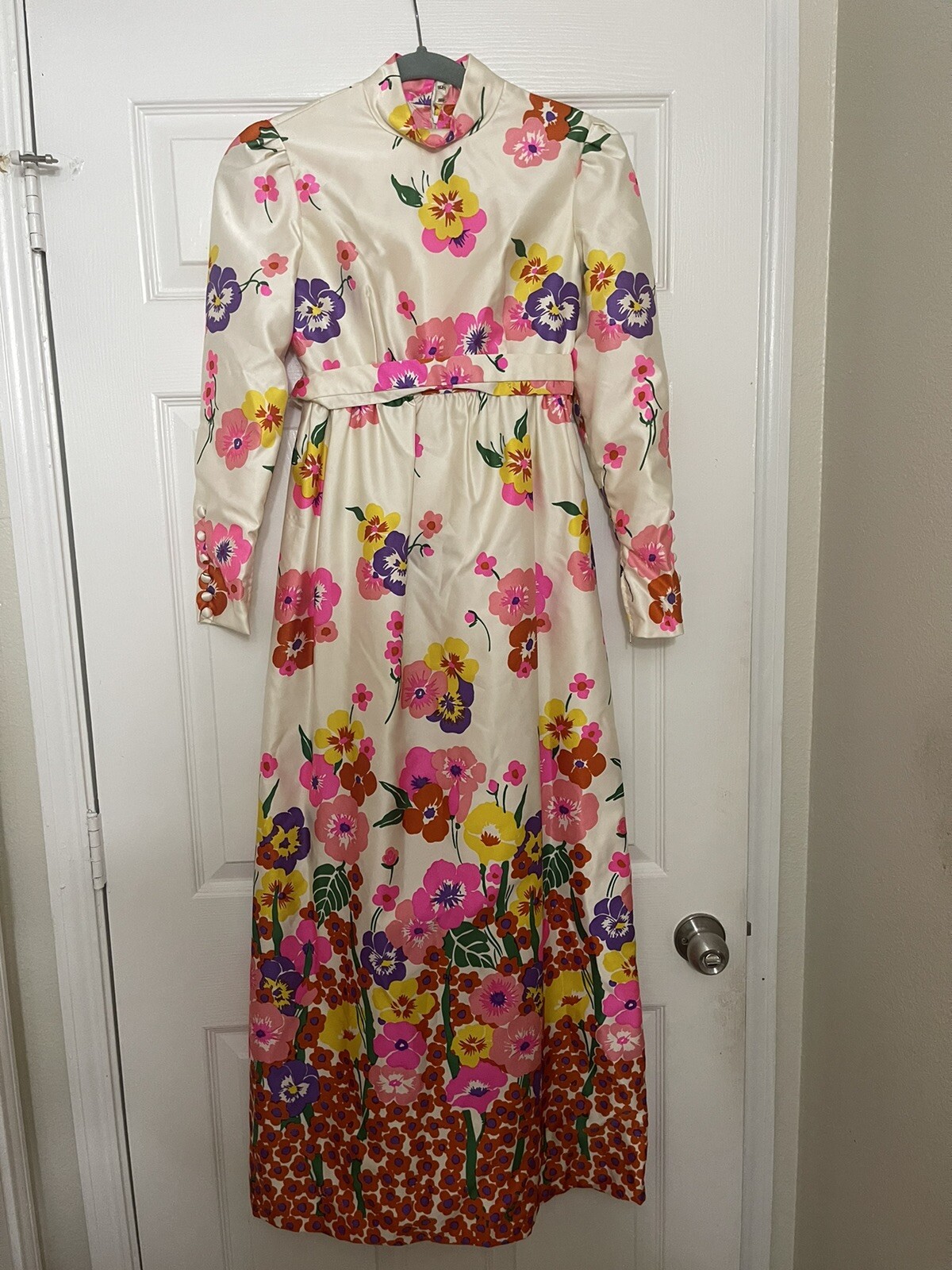 Vintage Joan Leslie for Kasper satin high neck floral maxi dress
