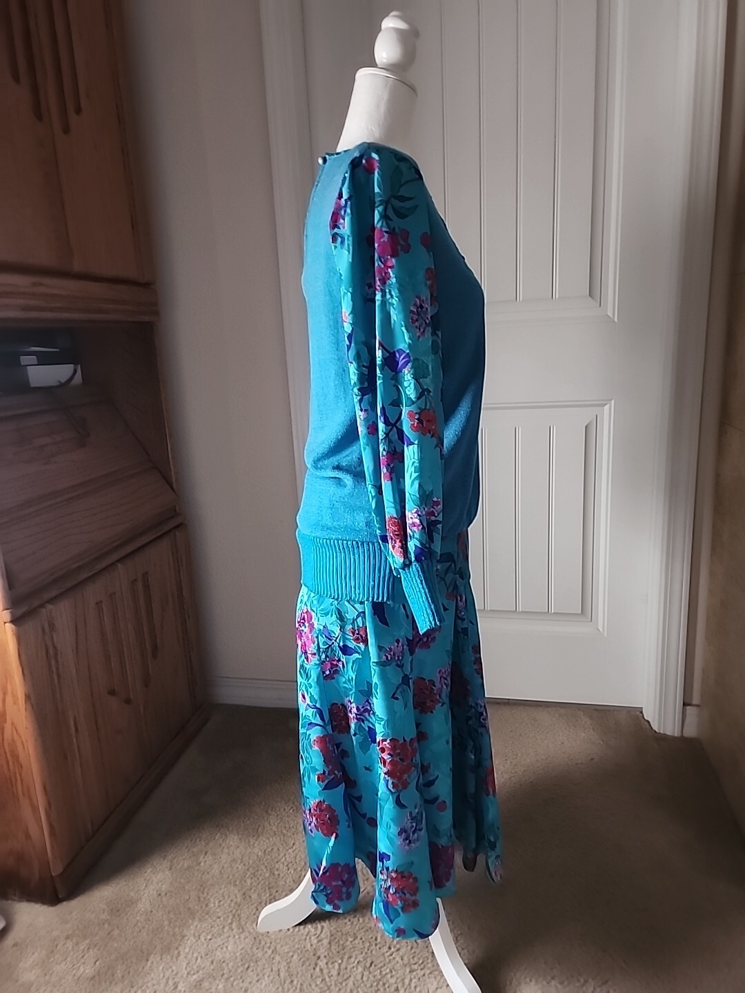 Vintage Anthony Sicari Long Sleeve Knit Top Skirt Set Teal Blue/Multicolored 12