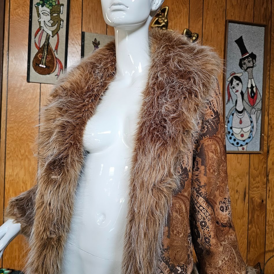Vtg 90s do 70s Penny Lane Hippie Faux Fur Jacket Shaggy Afghan Tapestry Coat M