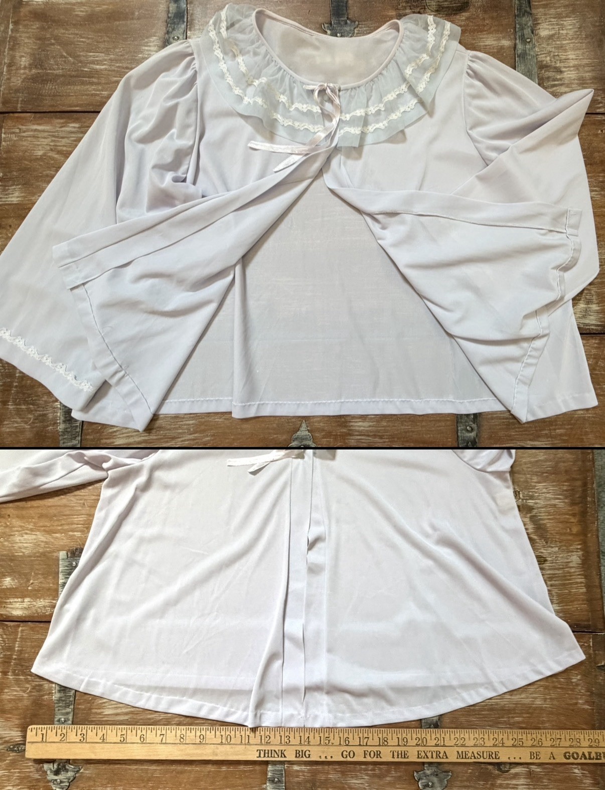 VTG 1950s MISS ELAINE Pale Lavender-Blue Pajama Top-BED JACKET PJ Sheer Lace M/L
