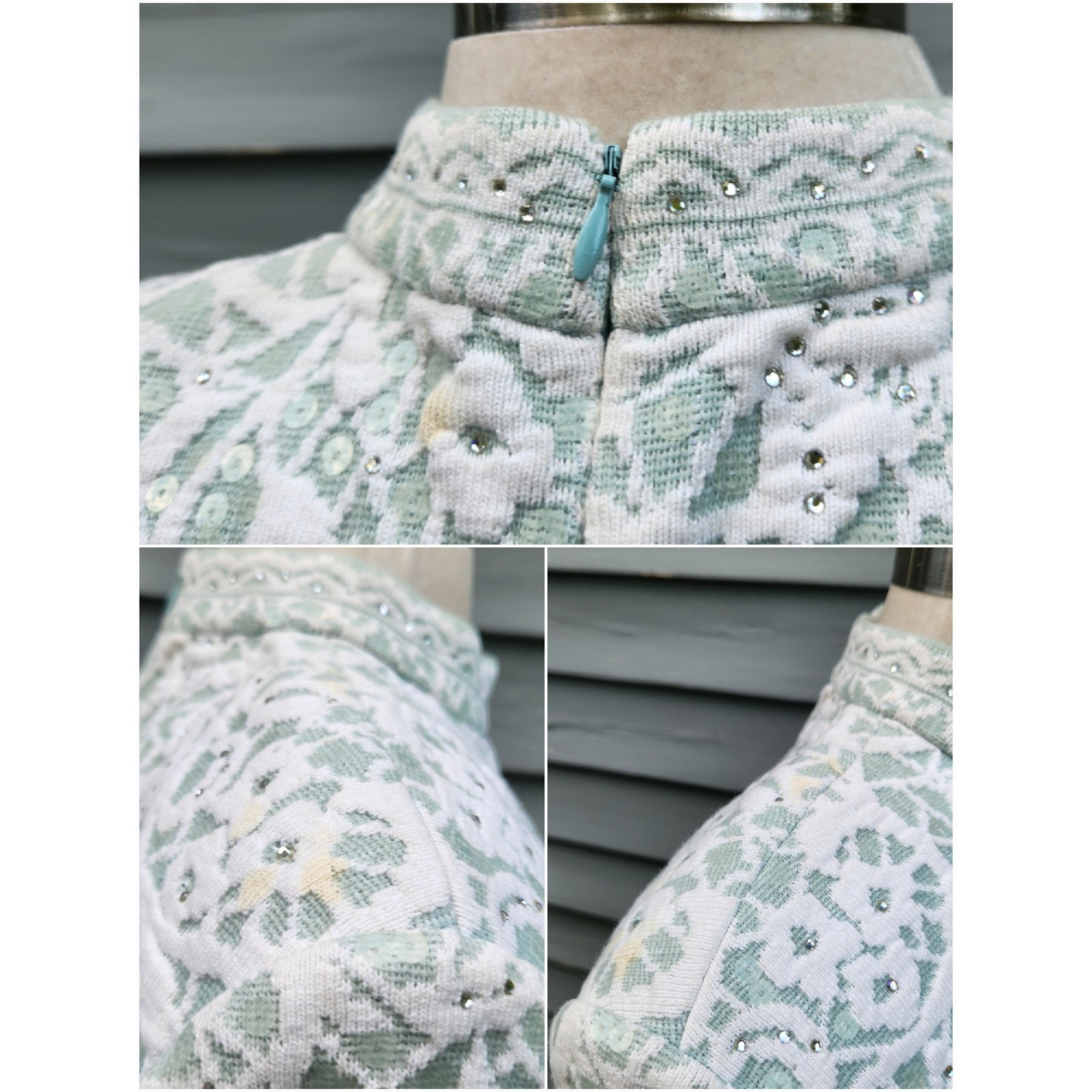 Vintage 90s St John Evening Knit Top Mint Green White Lace Sequin Rhinestone 12