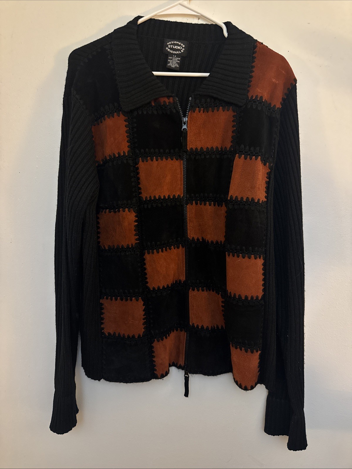Vintage Designers Originals 1X Leather Patchwork Ribbed Sweater Zipper Retro Y2K