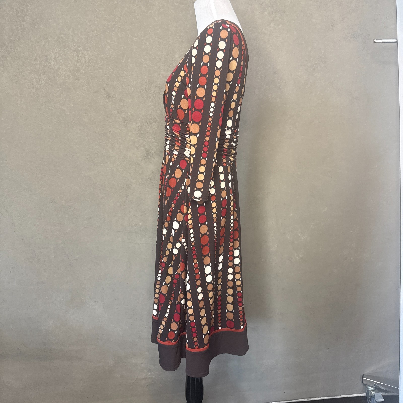 Studio I Petite Brown Dot Print Faux Wrap Dress Long Sleeve Size 12P