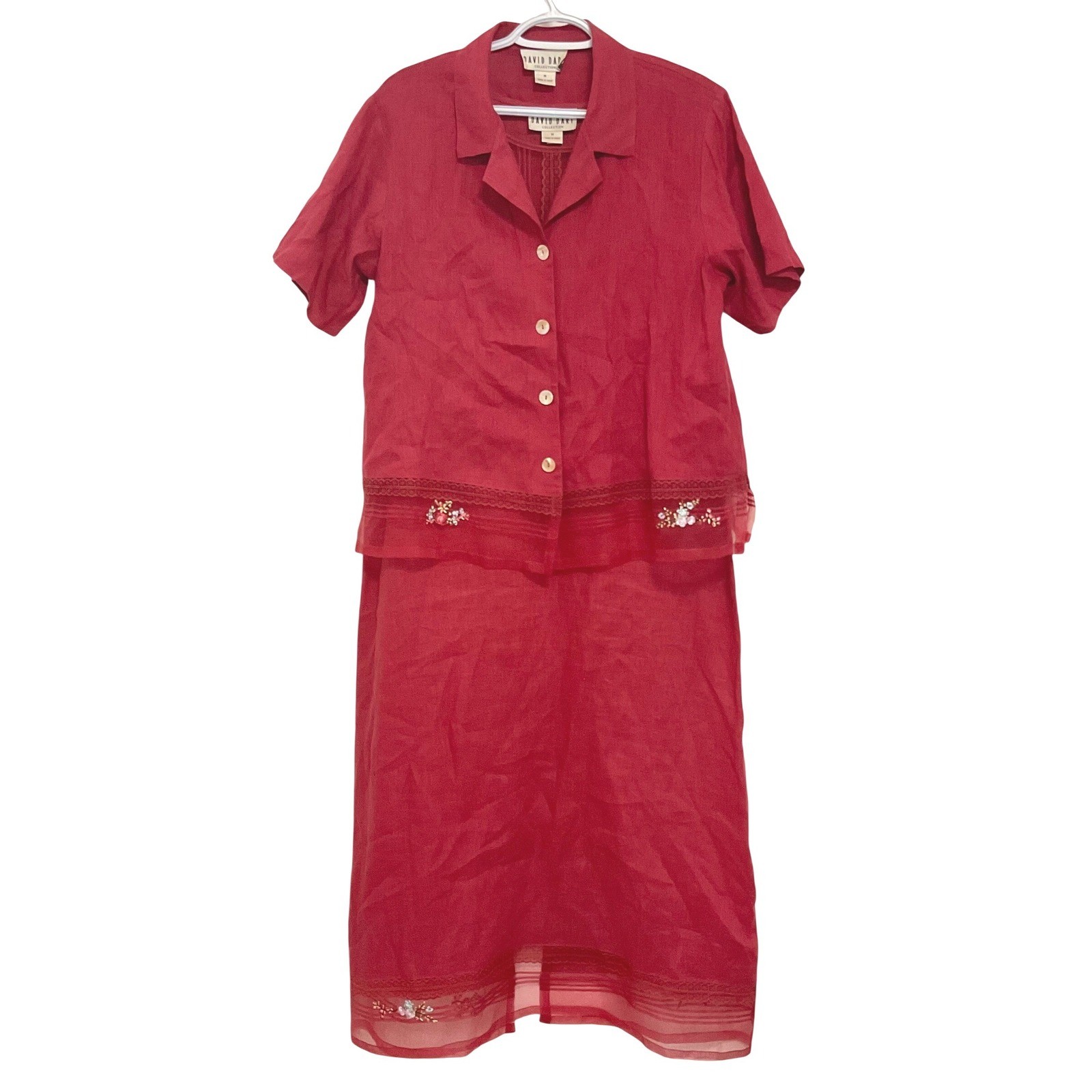 VTG 90s David Dart 2-Piece Linen Dress Set Cottage Pink Embroidered Tulle Hem M